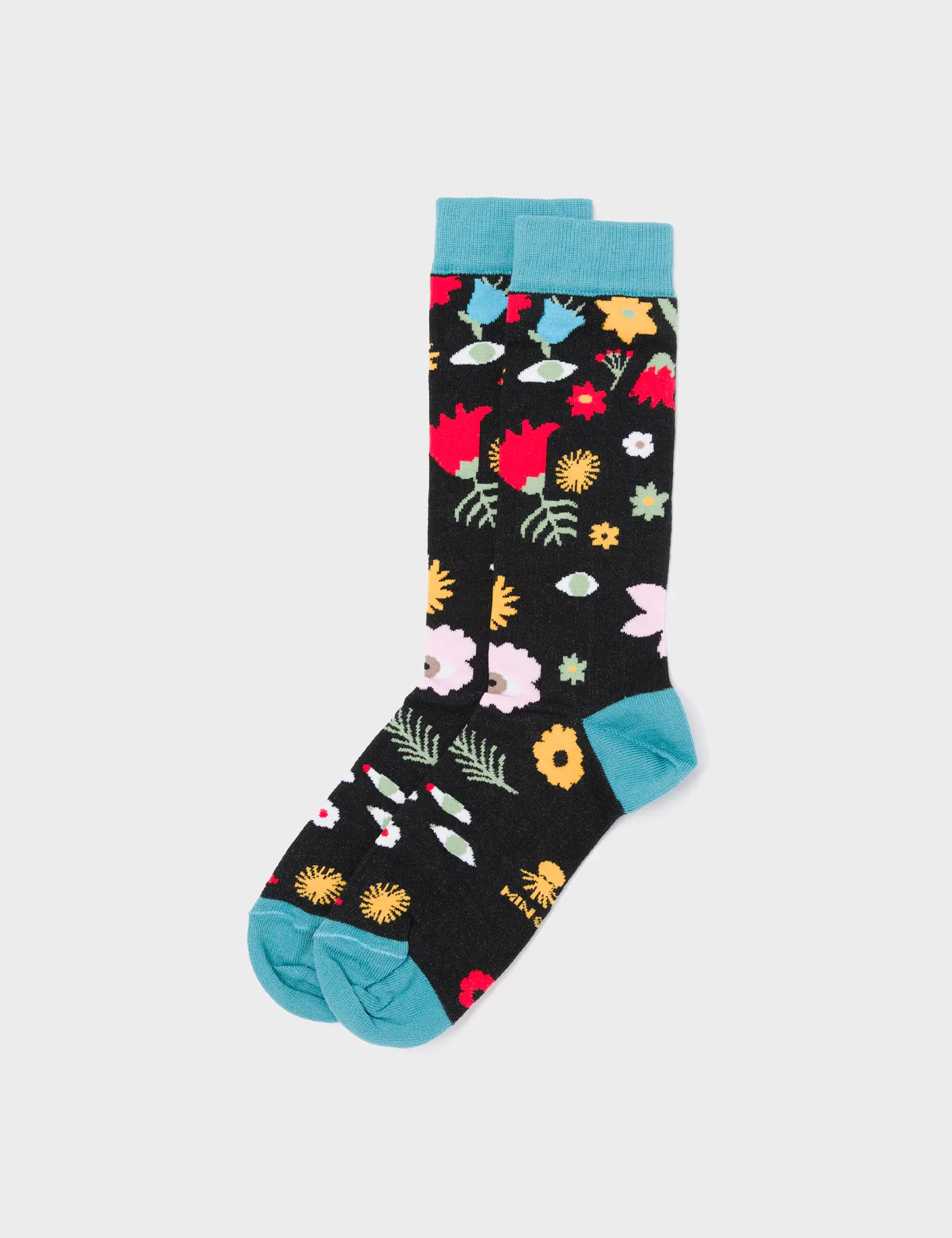 Black Socks - Flowers Design - Left Side