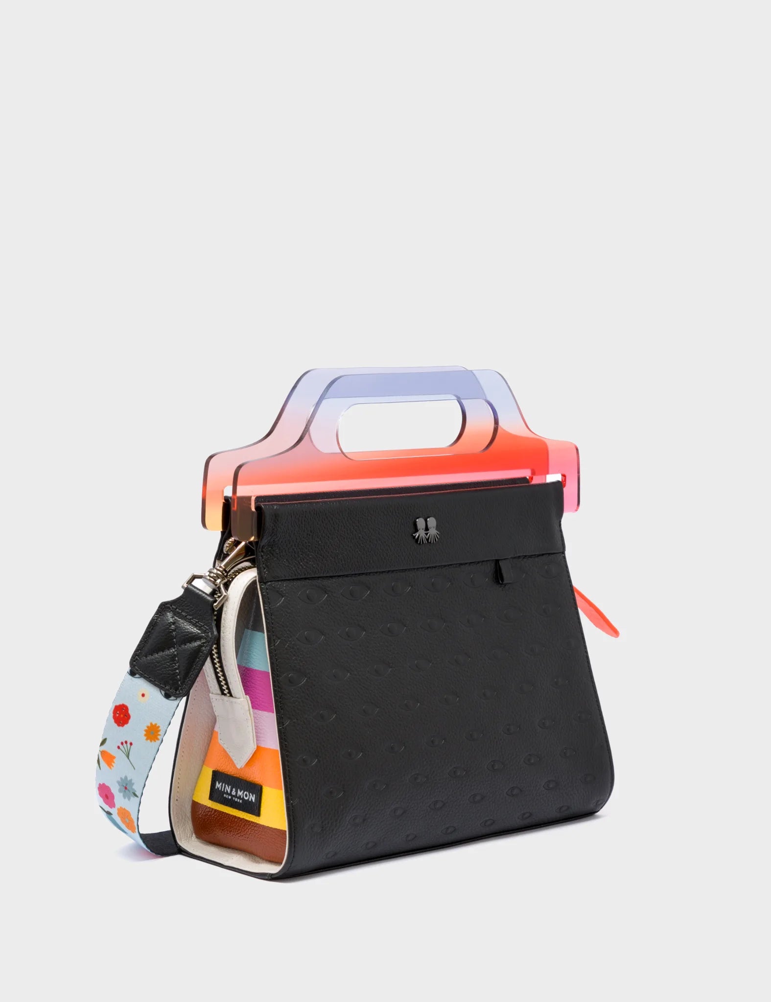 Black Leather Crossbody Handbag Plastic Handle - Groovy Rainbow Design