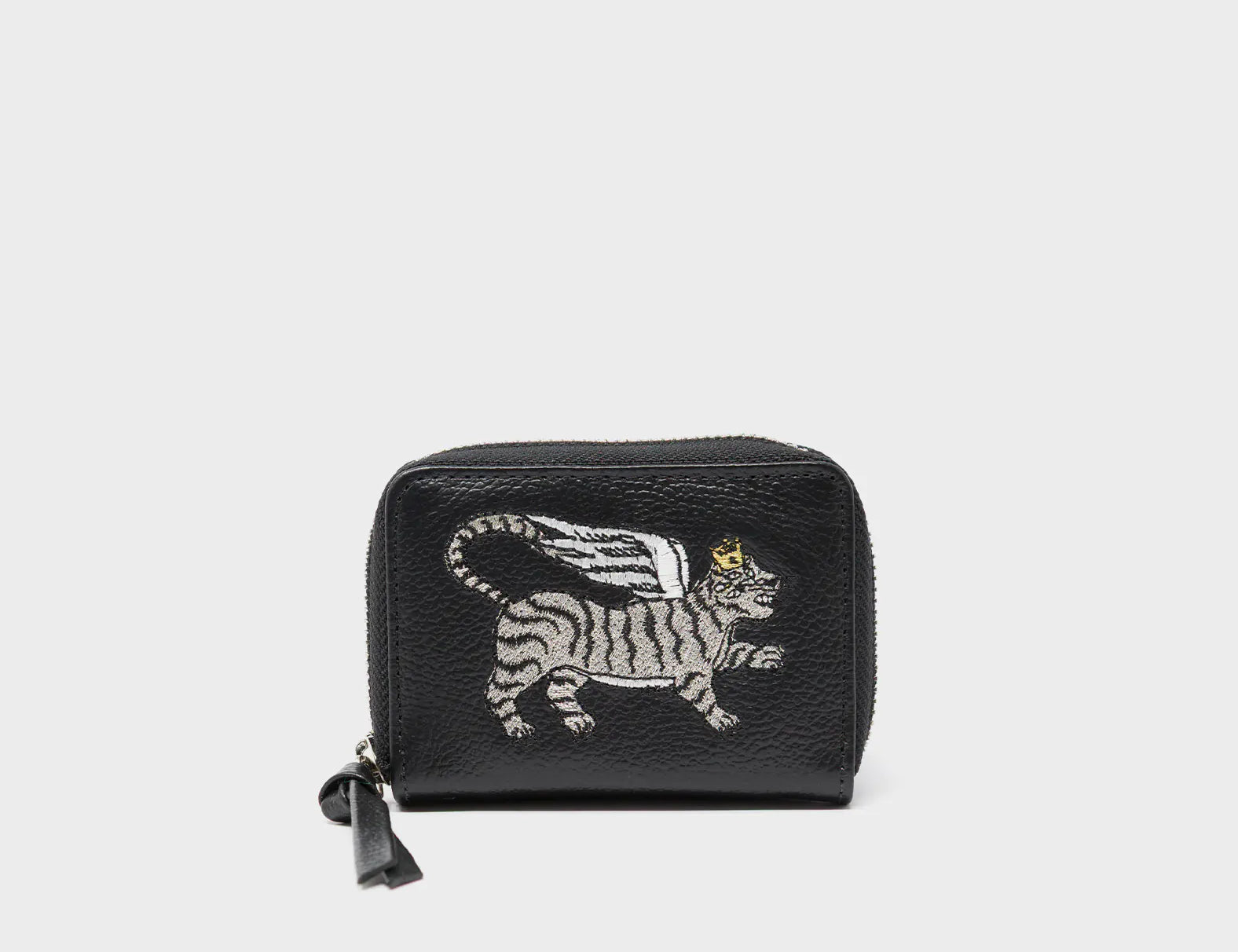 Frodo Black Leather Zip Around Wallet - Winged Tiger Embroidery - Front