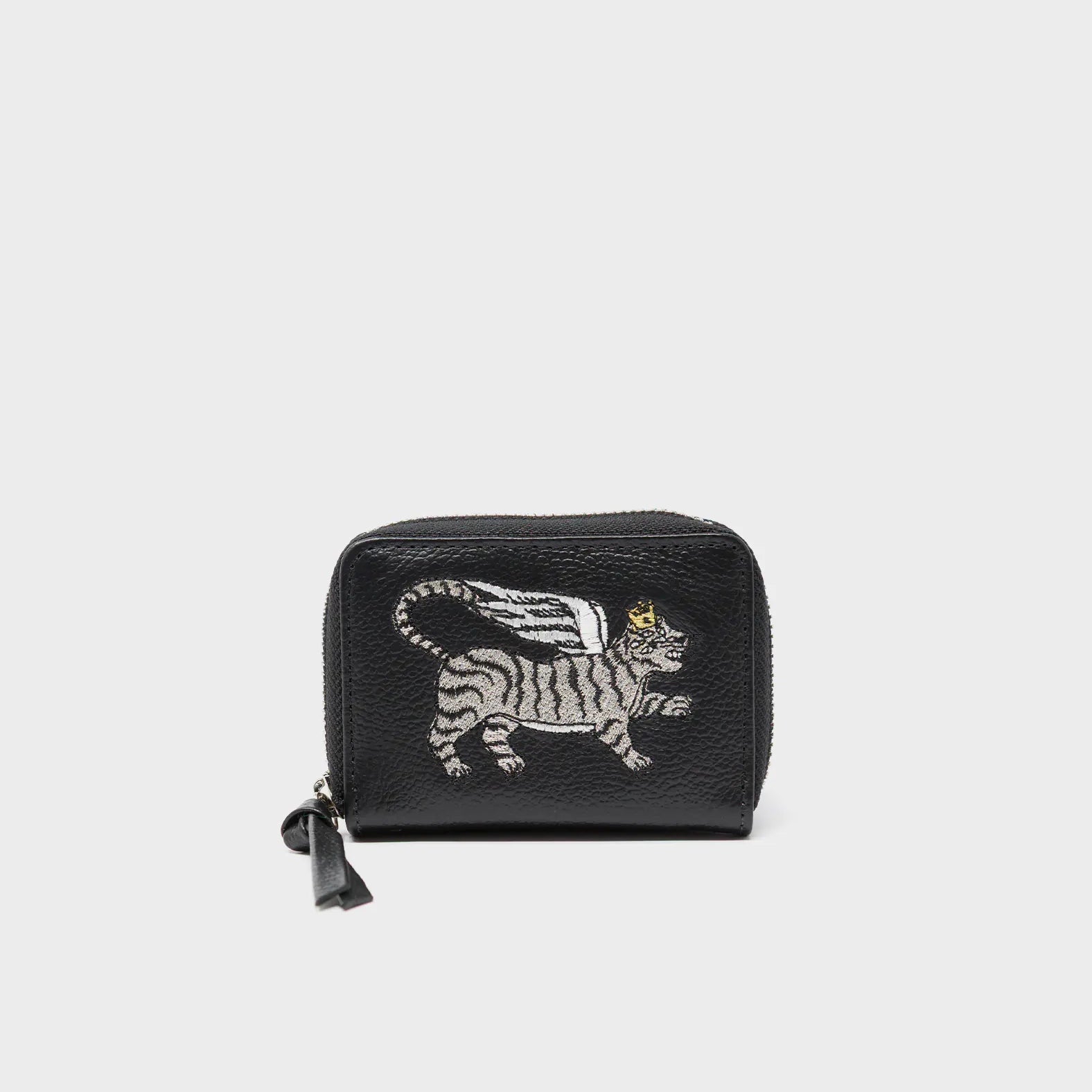 Frodo Black Leather Zip Around Wallet - Winged Tiger Embroidery - Front