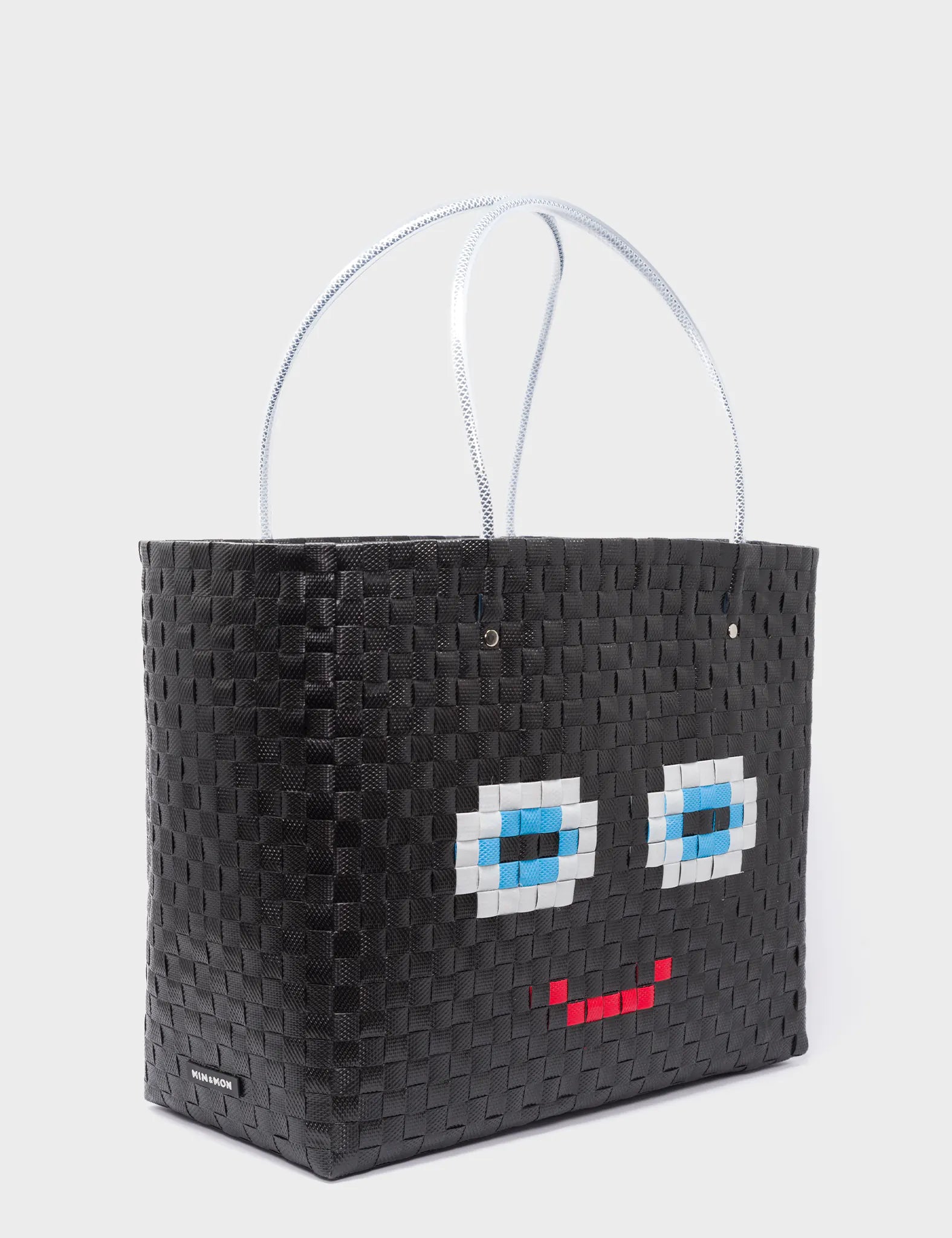 Large Black Handwoven Market Bag - Happy Face