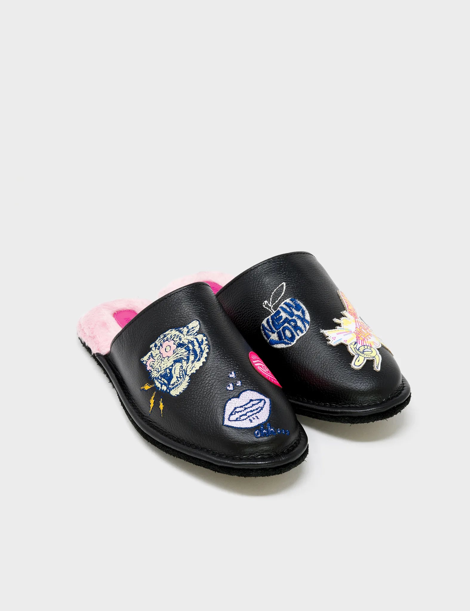  Black Leather Slippers - Tiger Power Embroidery