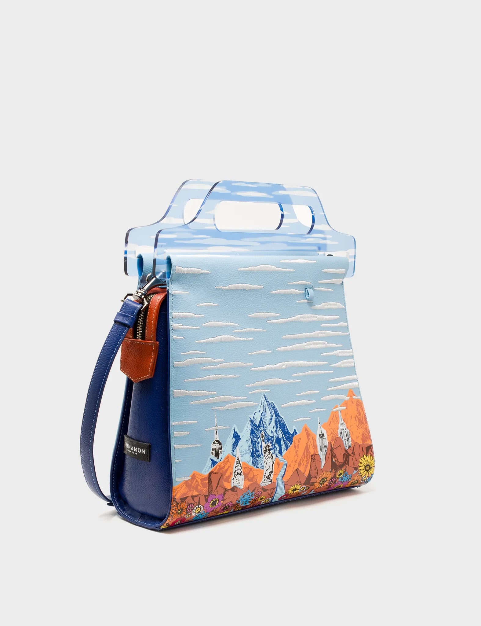 Blue Crossbody Handbag - Mountains, Flowers and Clouds Design