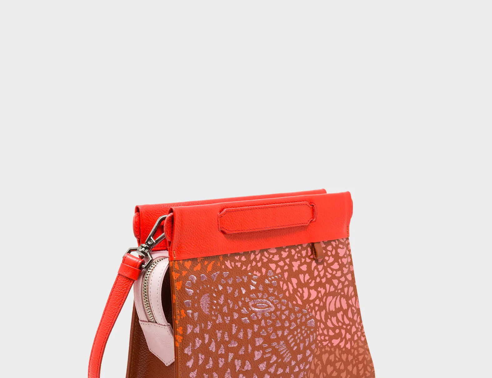 Vali Crossbody Baked City Brown and Fiesta Red Leather Bag - Retro Tiger Embroidery -Main View