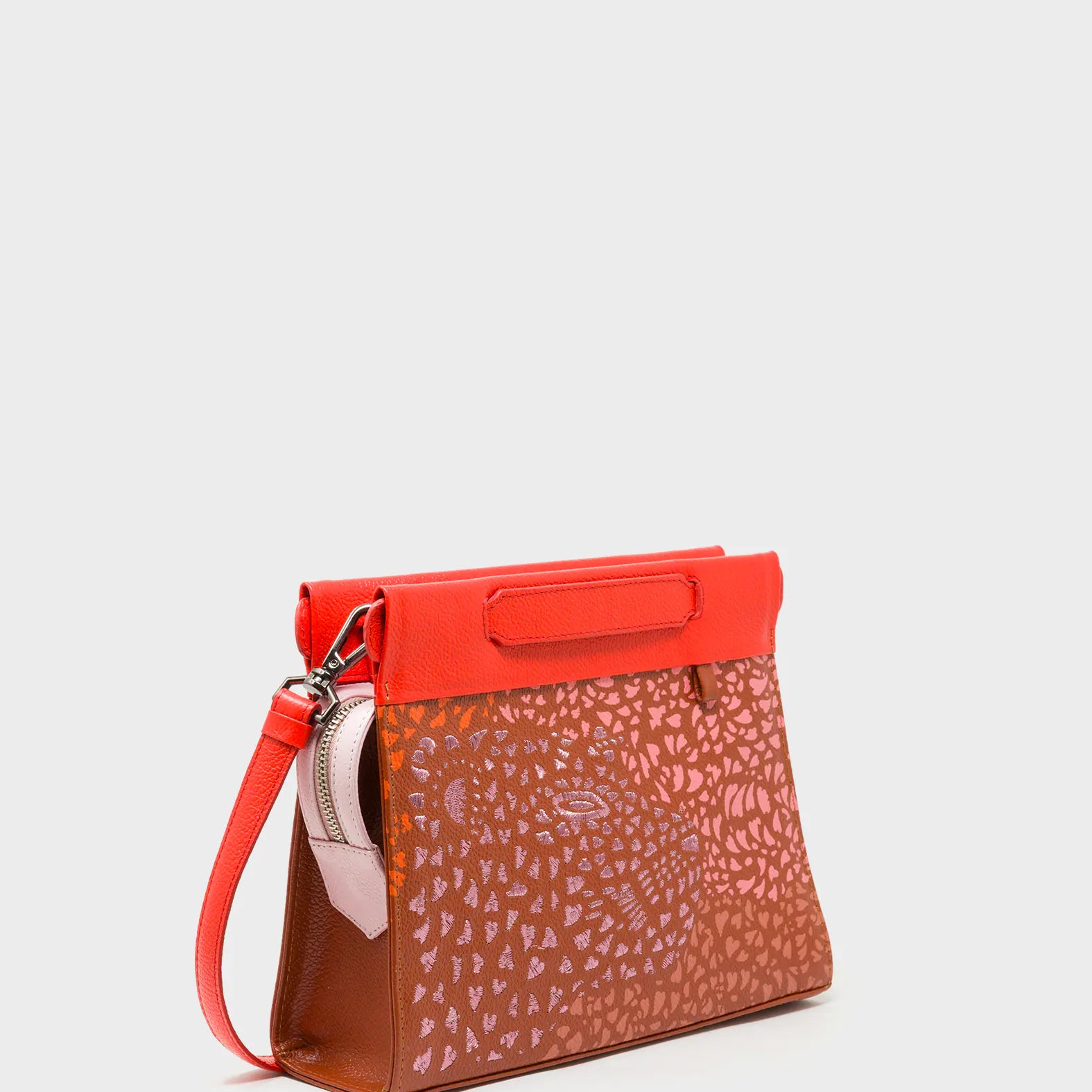 Vali Crossbody Baked City Brown and Fiesta Red Leather Bag - Retro Tiger Embroidery -Main View