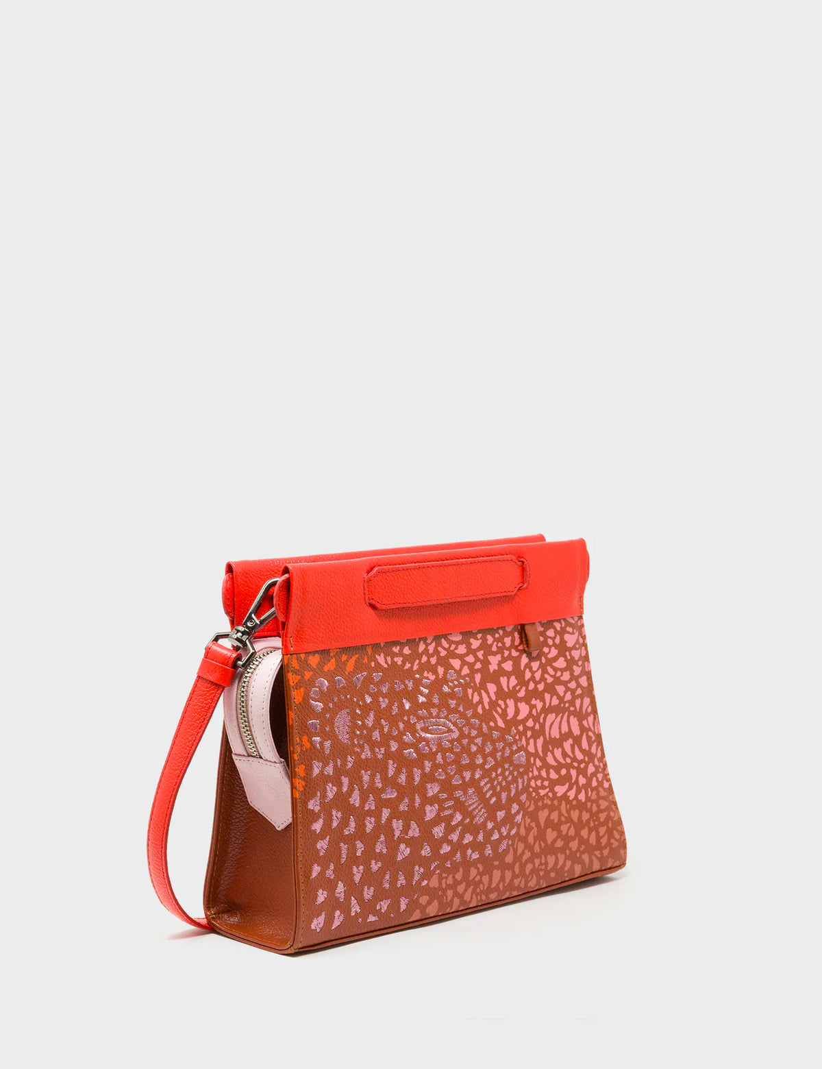 Vali Crossbody Baked City Brown and Fiesta Red Leather Bag - Retro Tiger Embroidery -Main View