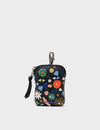 Florence Pouch Charm - Black Leather Keychain Flowers Print