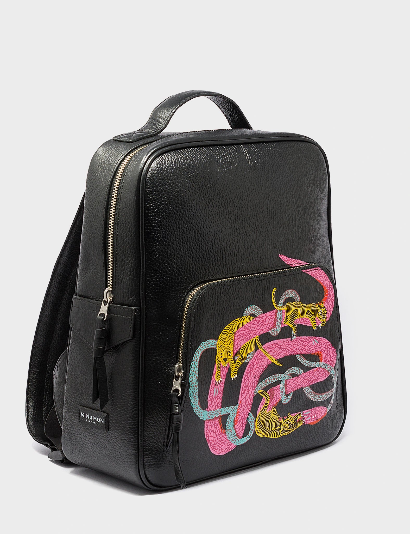 Black Leather Backpack Medium - Tiger and Snake Print
