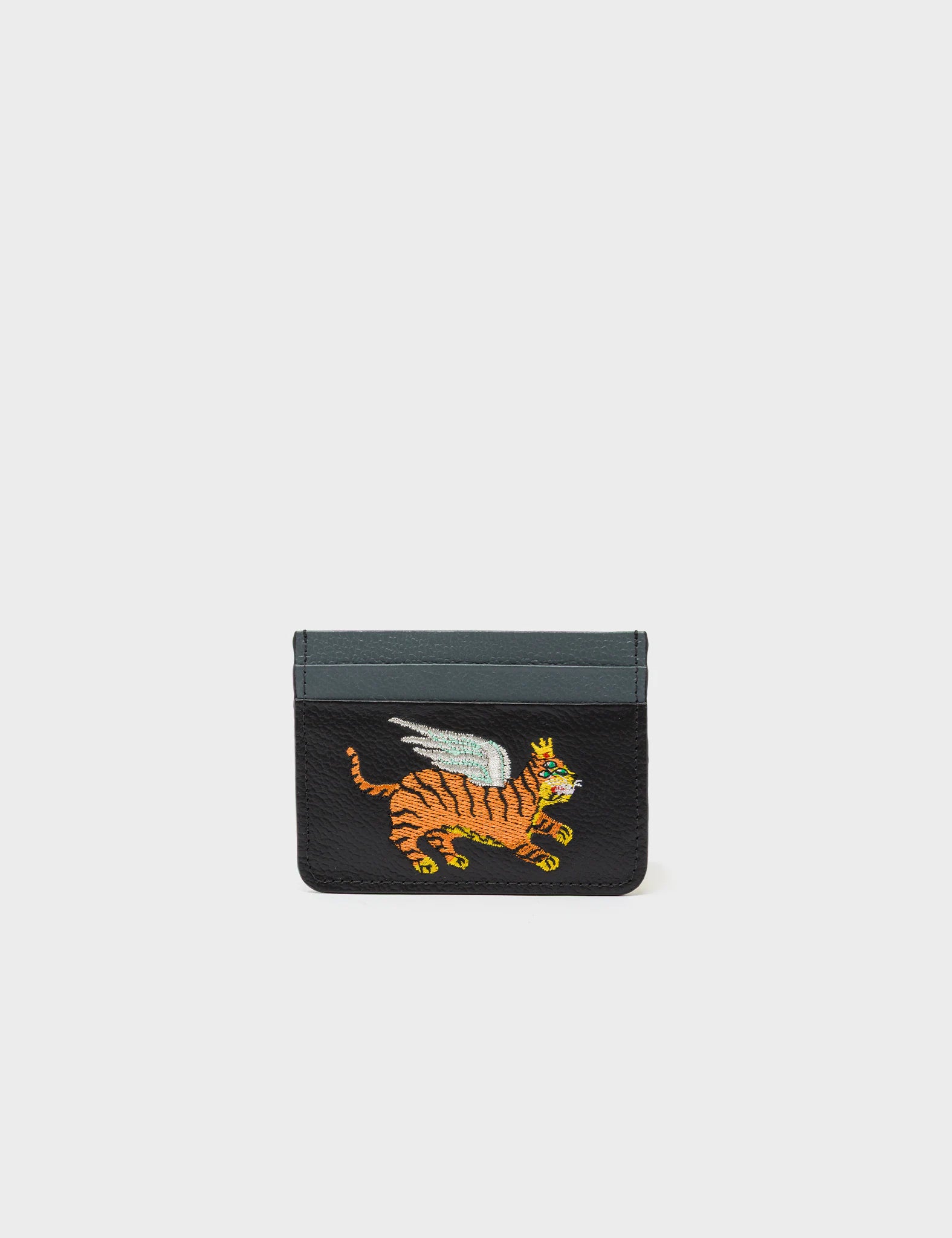 Filium Black and Stormy Gray Leather Cardholder - Winged Tiger Embroidery - Front
