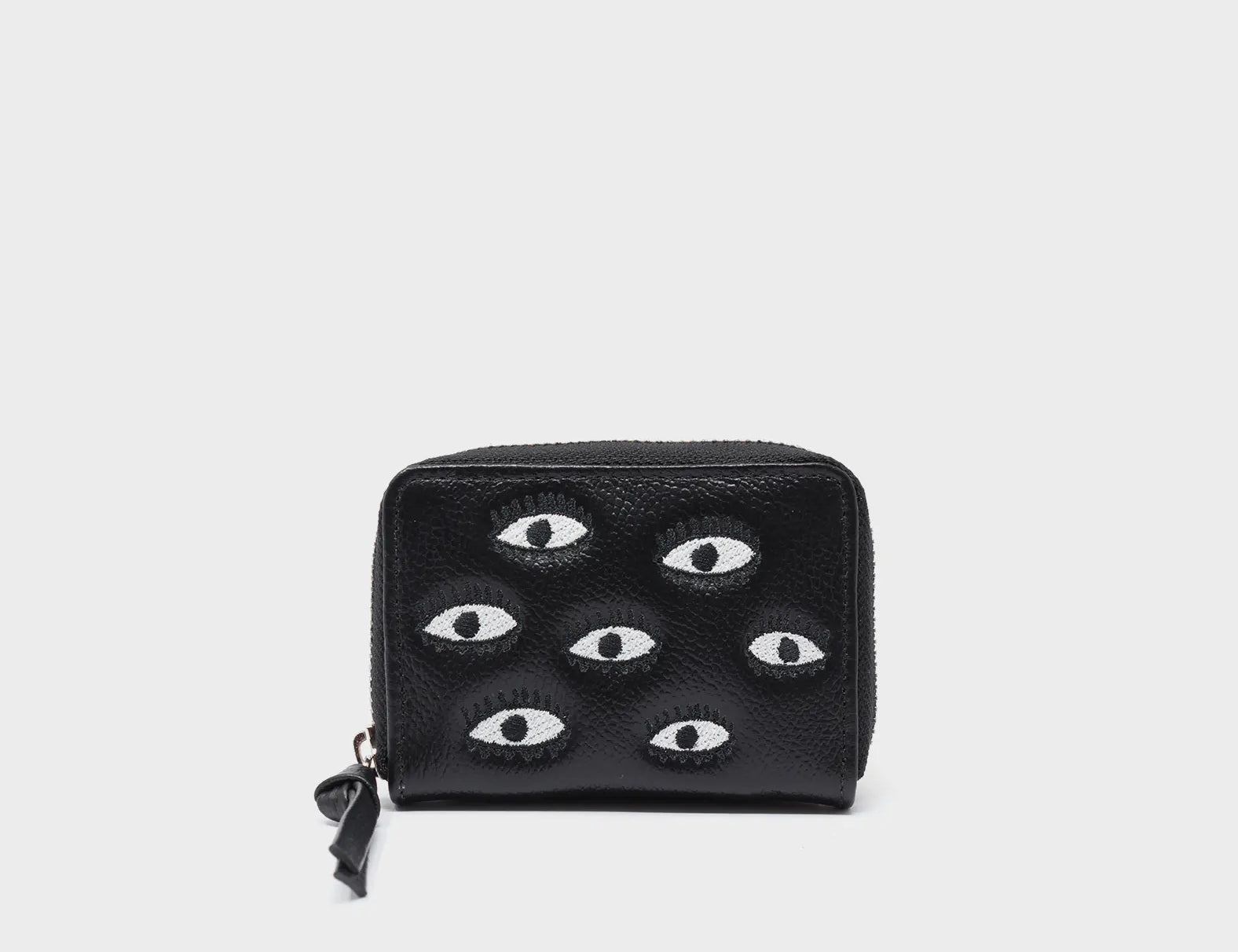 Frodo Black Leather Zip Around Wallet - Eyes Embroidery - Front View