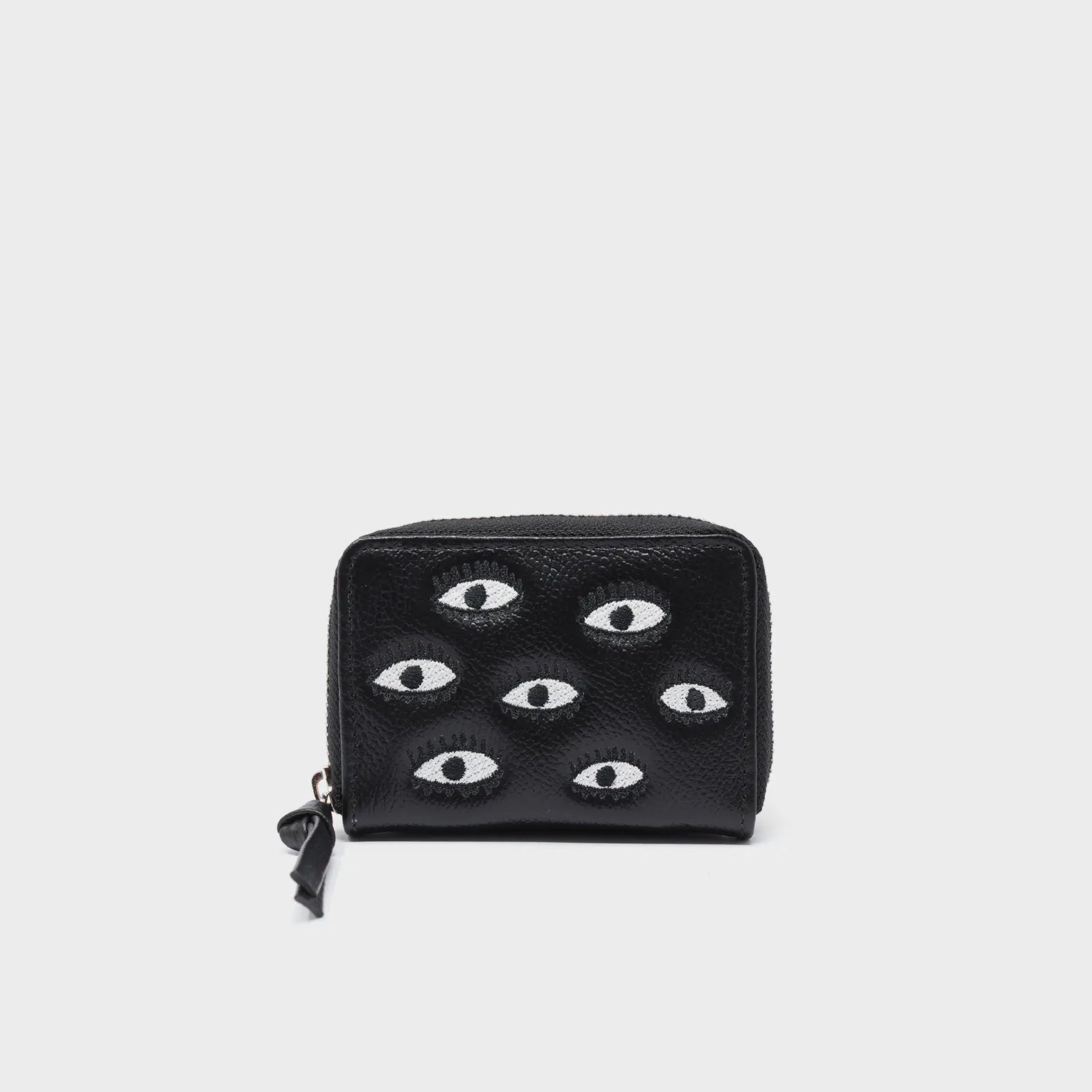 Frodo Black Leather Zip Around Wallet - Eyes Embroidery - Front View