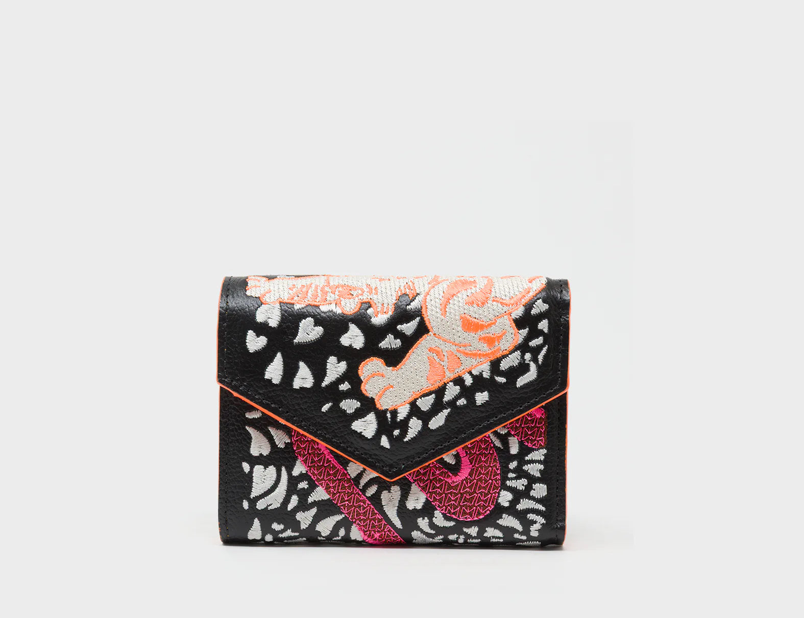 Fiona Black Leather Wallet - Retro Tiger Embroidery - Front