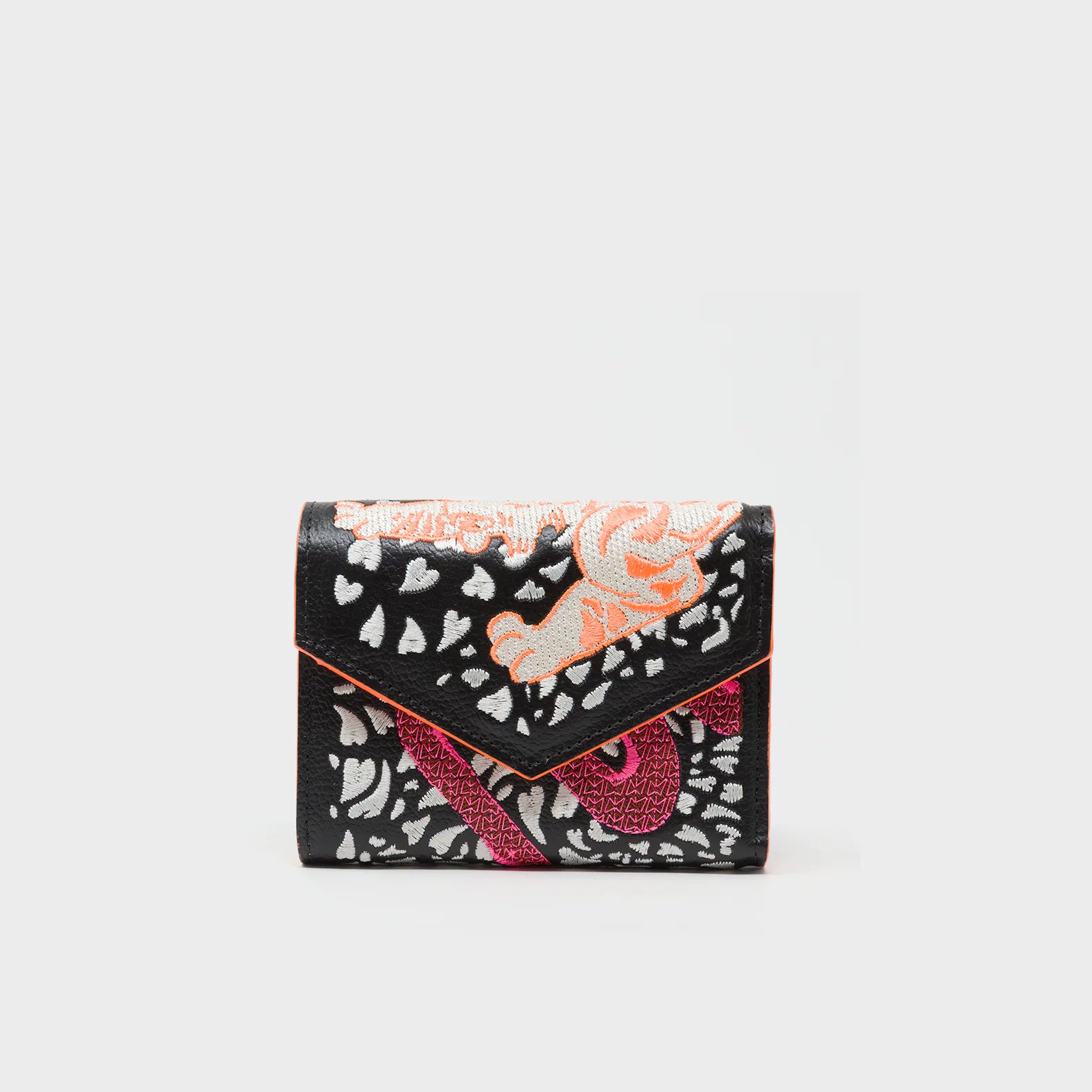 Fiona Black Leather Wallet - Retro Tiger Embroidery - Front