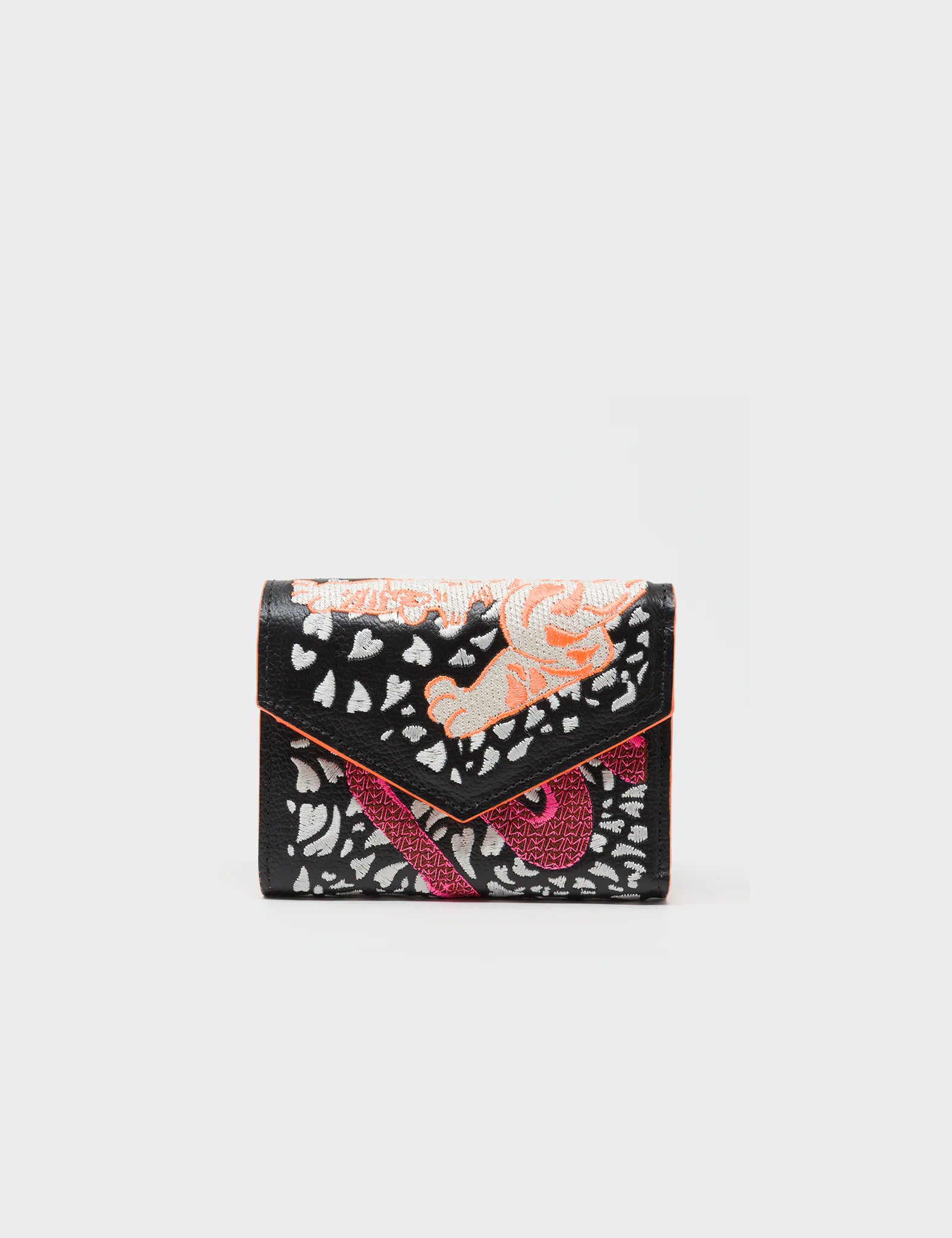 Fiona Black Leather Wallet - Retro Tiger Embroidery - Front
