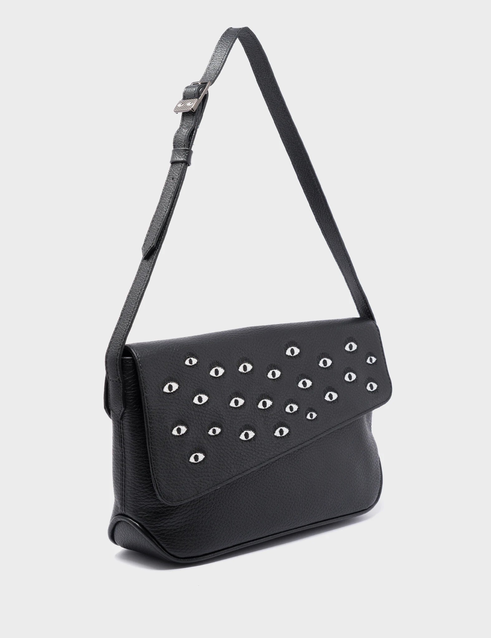 Bruno Medium Crossbody Black Leather Bag - All Over Eyes Embroidery