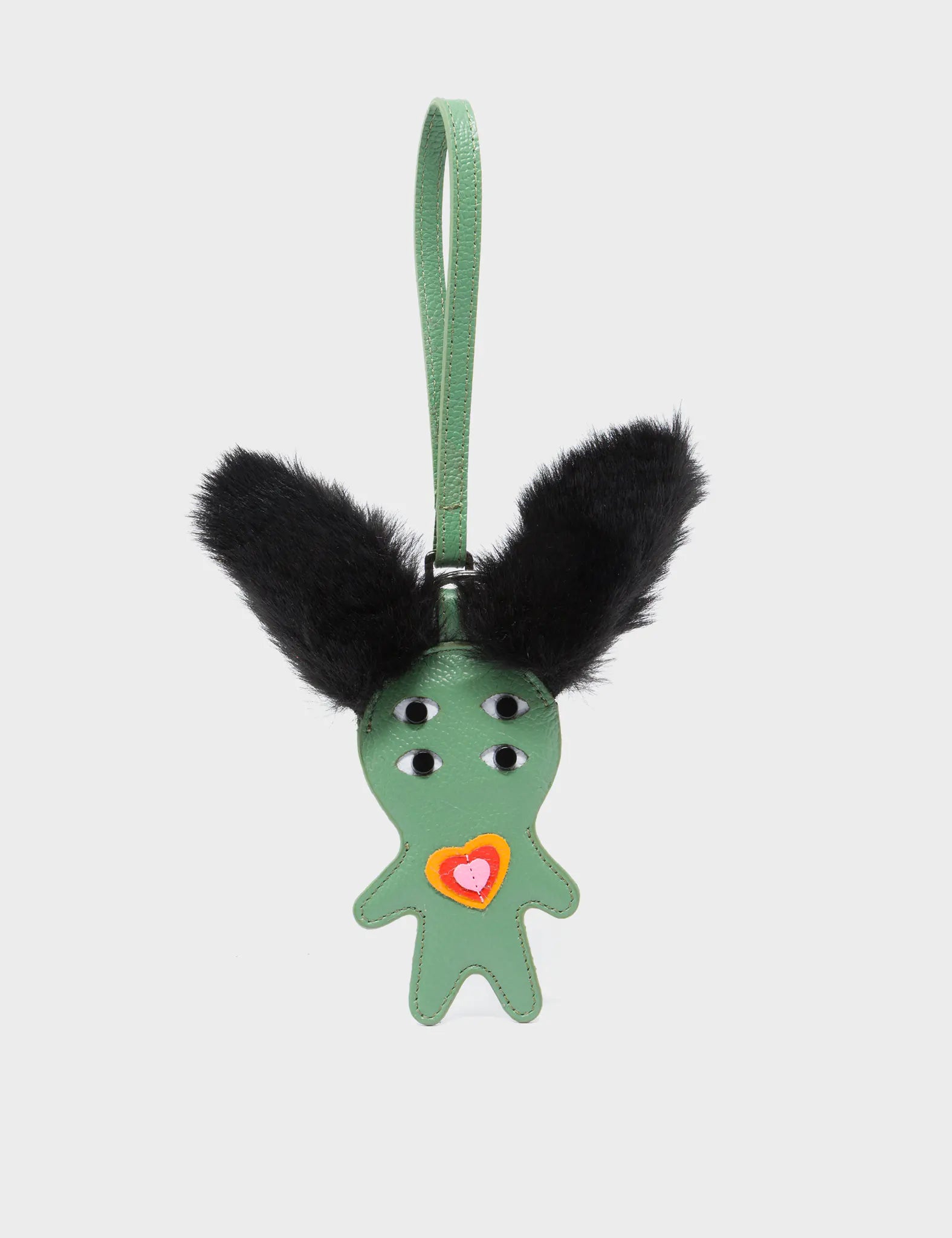 Fluffy Fella Charm - Black and Basil Green Leather Bag Charm - Front