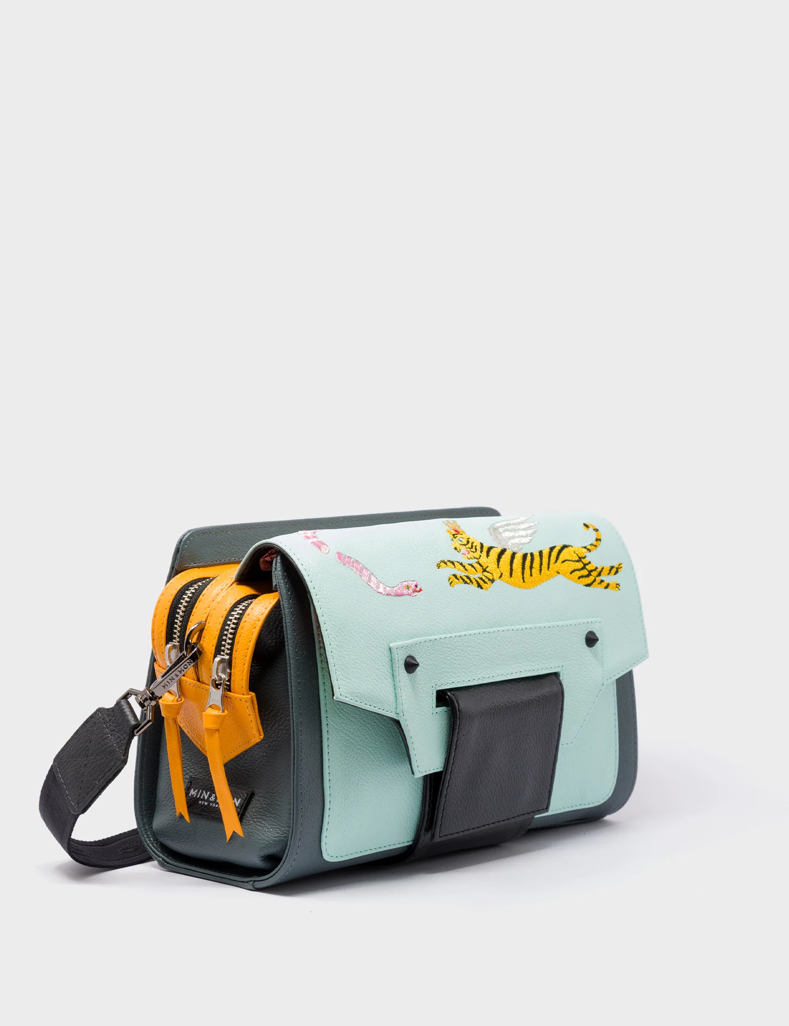 Cael Reversible Stormy Gray and Glacier Green Shoulder Bag - Tiger & Snake Design - Side B View