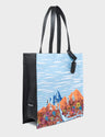 Blue Leather Tote Bag - Mountains, Flowers and Clouds Design