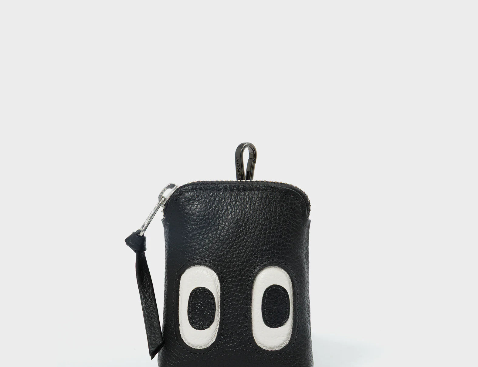 Florence Pouch Charm - Black Leather Keychain Funny Eyes Engraved - Front View