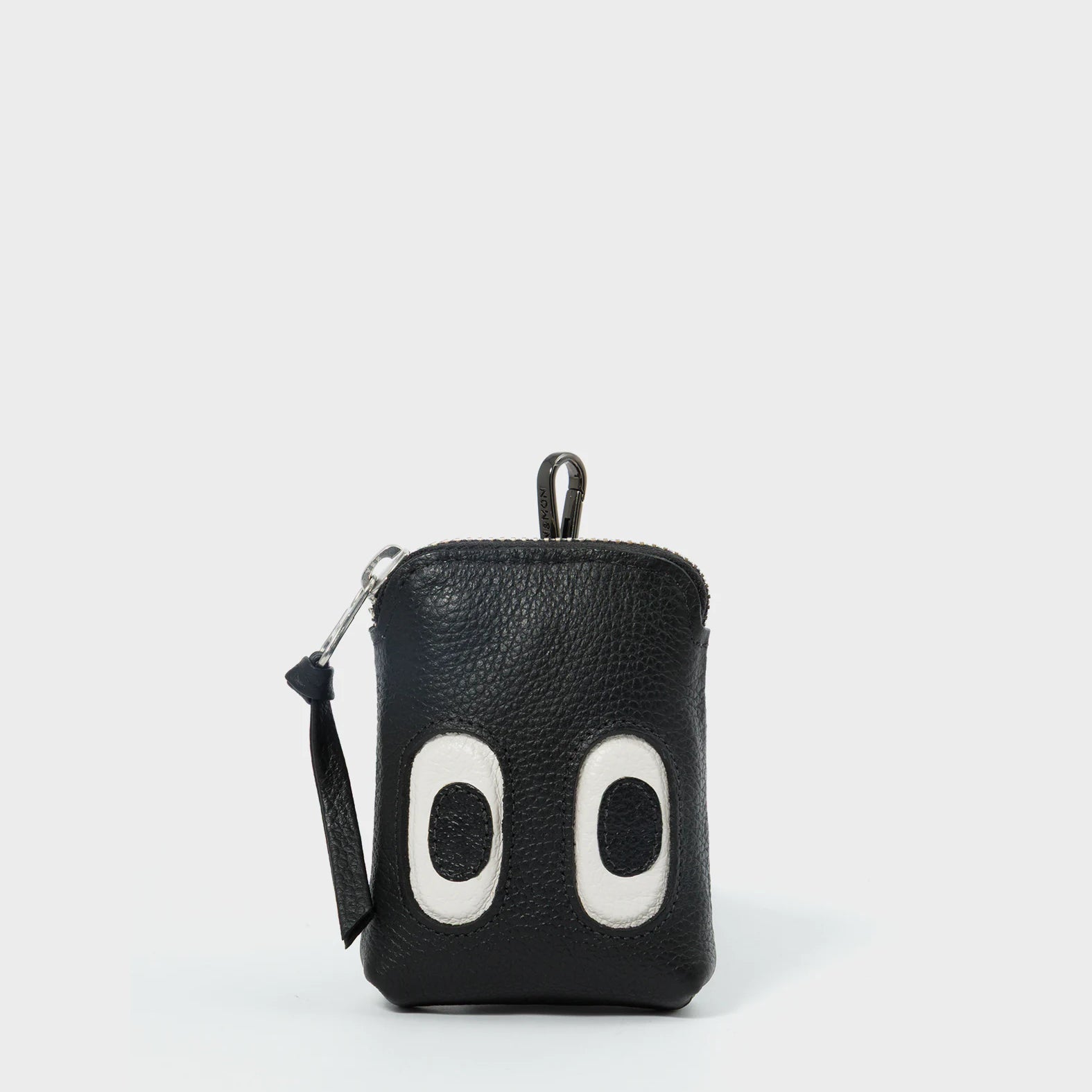 Florence Pouch Charm - Black Leather Keychain Funny Eyes Engraved - Front View