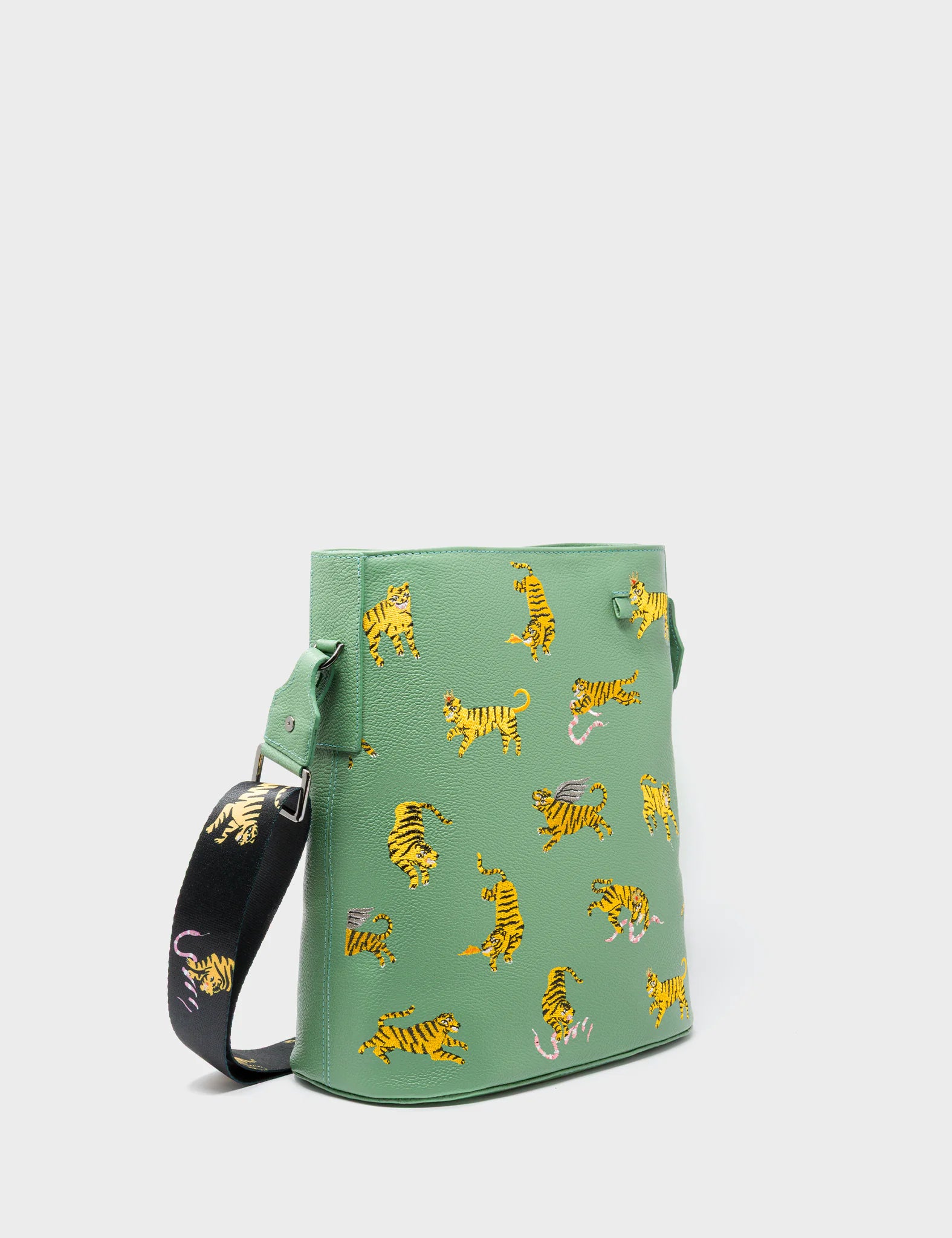 Vincent Basil Green Leather Shoulder Bag - Tigers Pattern - Main View
