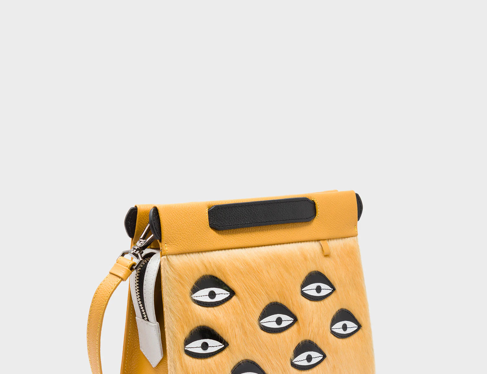 Vali Crossbody Small Golden And Black Leather Bag - Eyes Applique Adjustable Handle - Main View