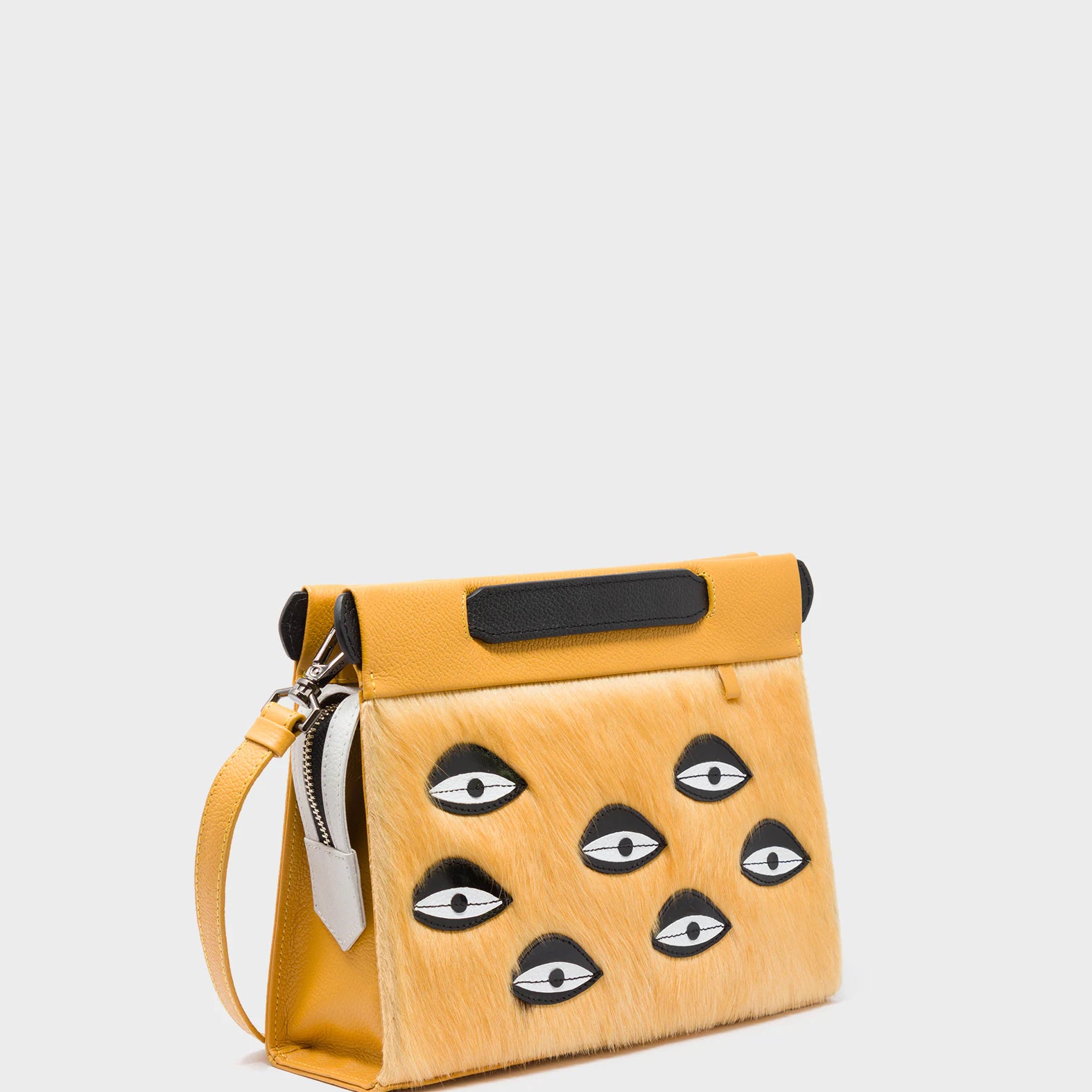 Vali Crossbody Small Golden And Black Leather Bag - Eyes Applique Adjustable Handle - Main View