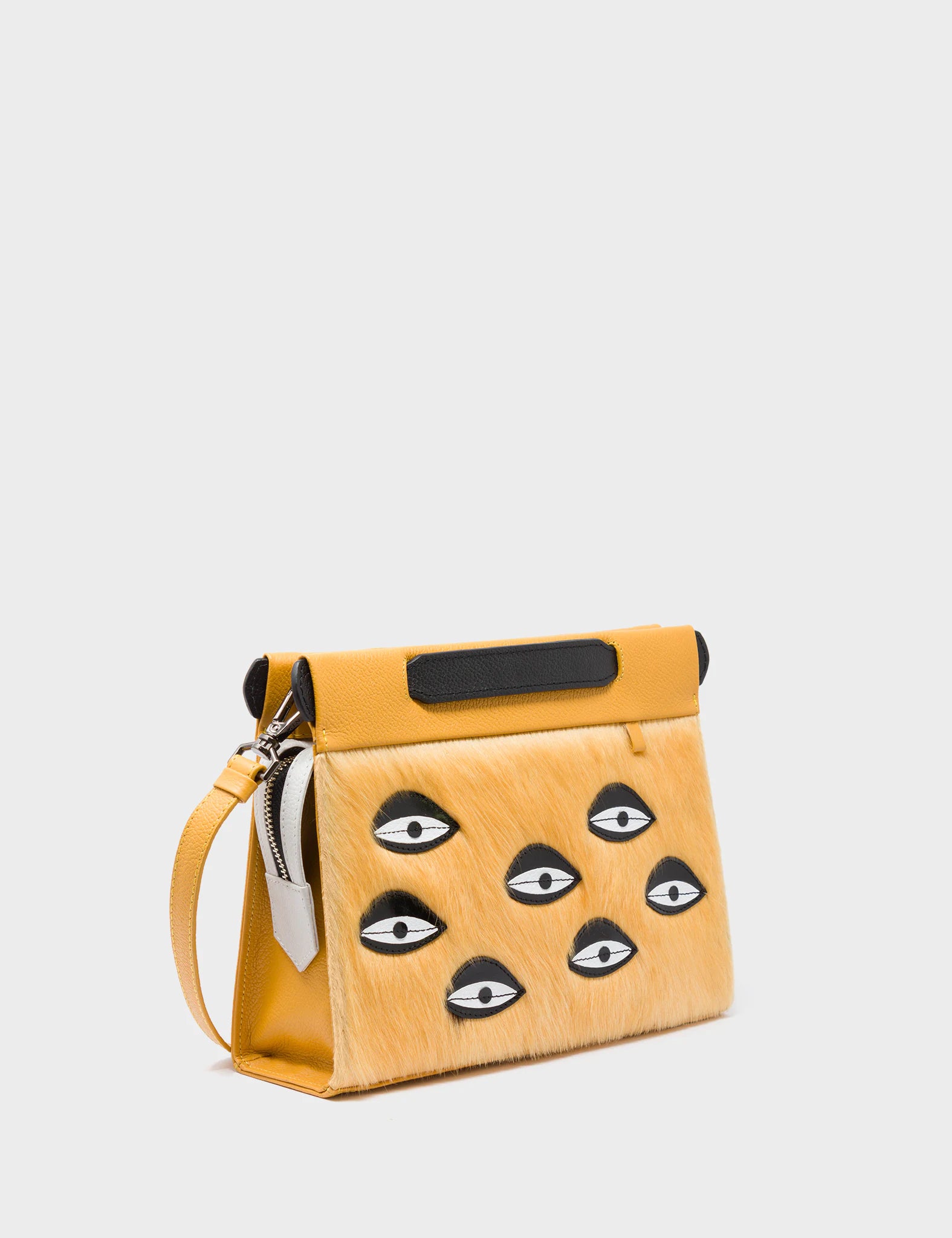 Vali Crossbody Small Golden And Black Leather Bag - Eyes Applique Adjustable Handle - Main View