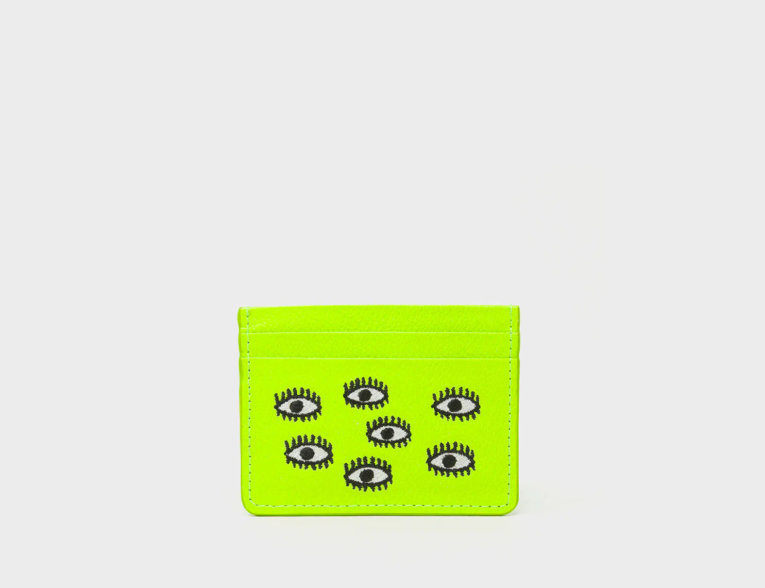 Filium Neon Lime Leather Cardholder - All Over Eyes Embroidery - Front view