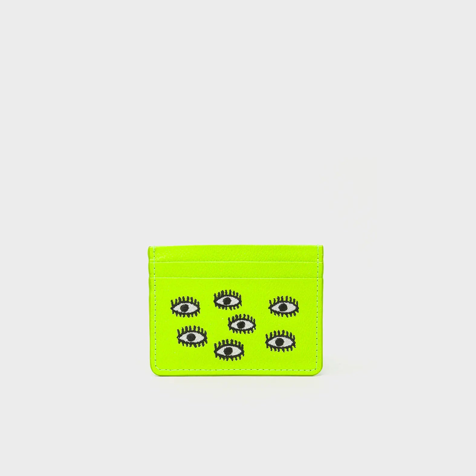 Filium Neon Lime Leather Cardholder - All Over Eyes Embroidery - Front view
