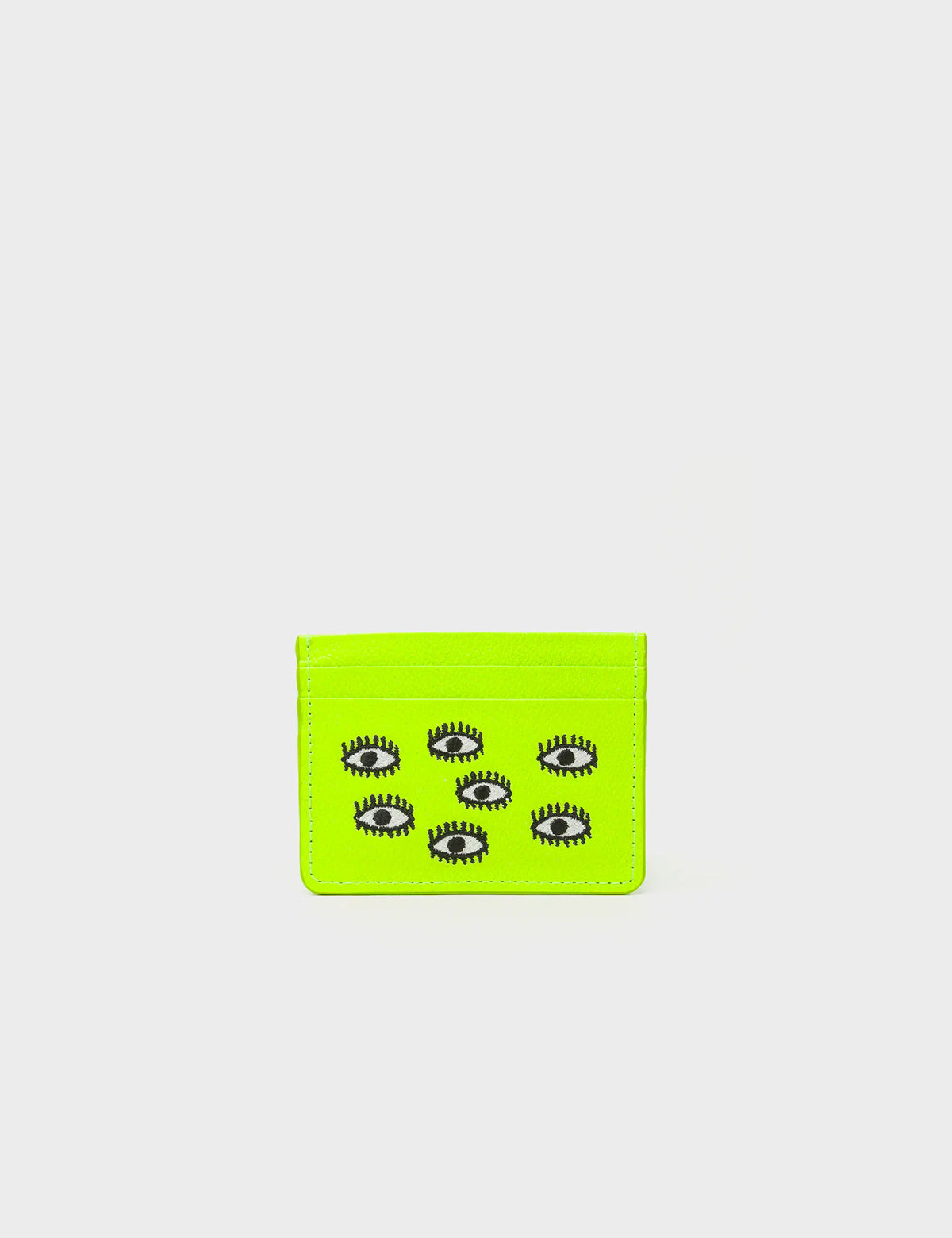 Filium Neon Lime Leather Cardholder - All Over Eyes Embroidery - Front view