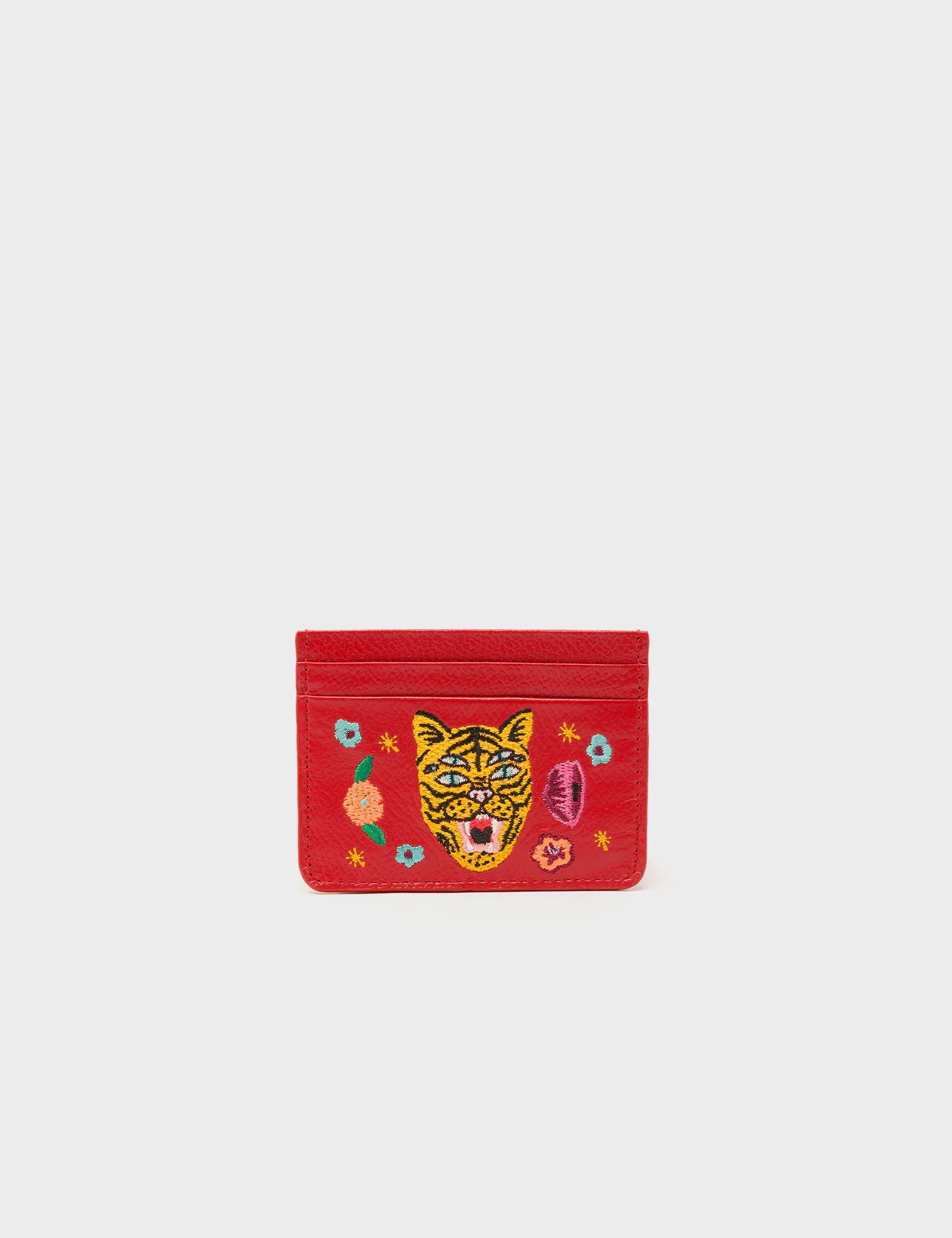 Filium Jester Red Leather Cardholder - Happy Tiger Embroidery - Front