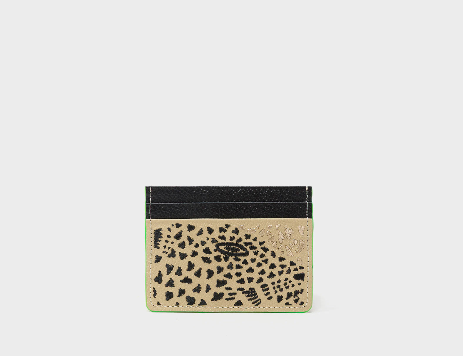Filium Taos Taupe Leather Cardholder - Retro Tiger Embroidery - Front