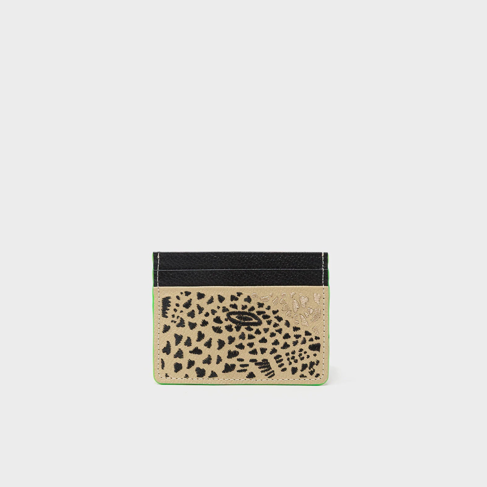 Filium Taos Taupe Leather Cardholder - Retro Tiger Embroidery - Front