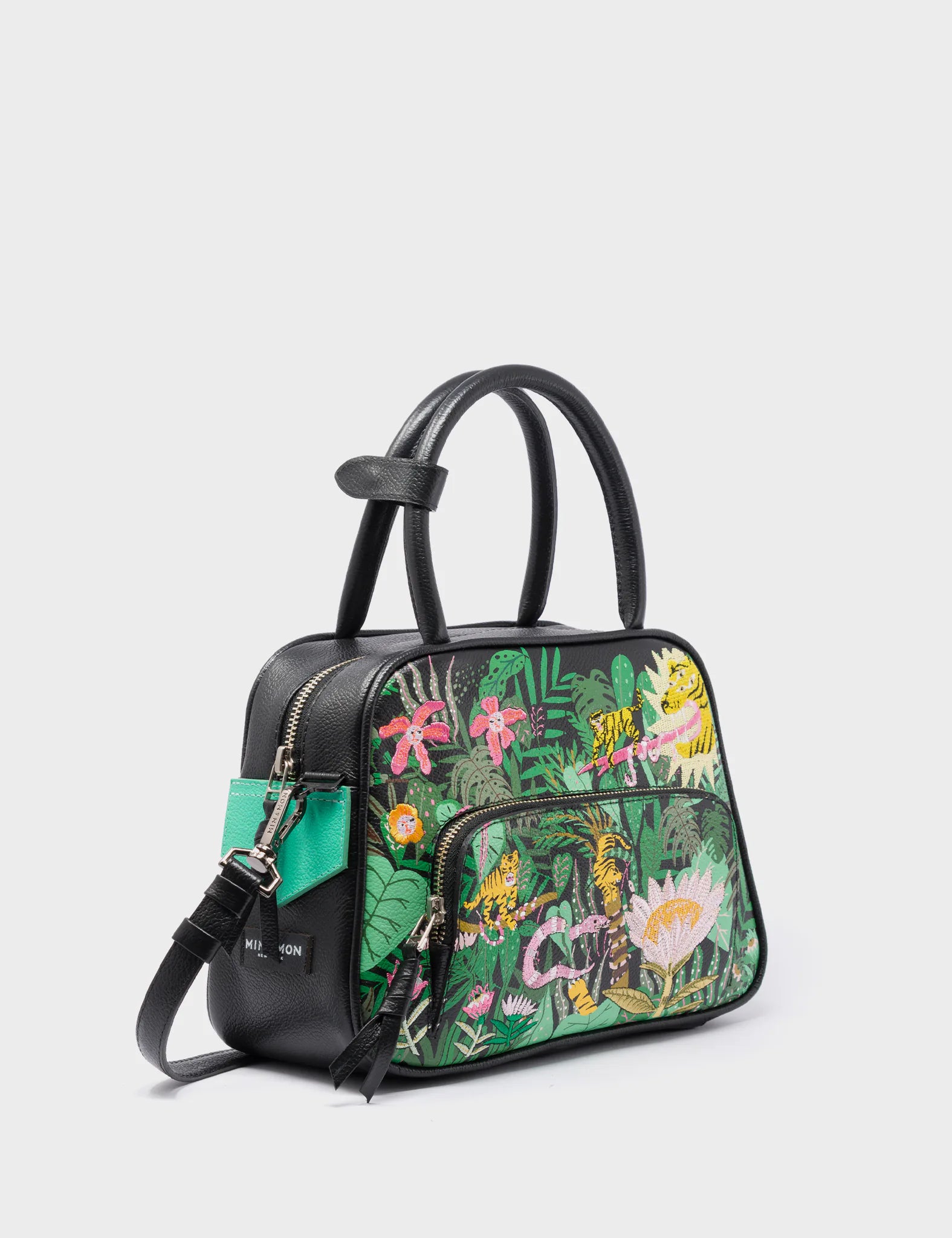 Marino Medium Crossbody Black Leather Bag - El Trópico Print & Embroidery Design