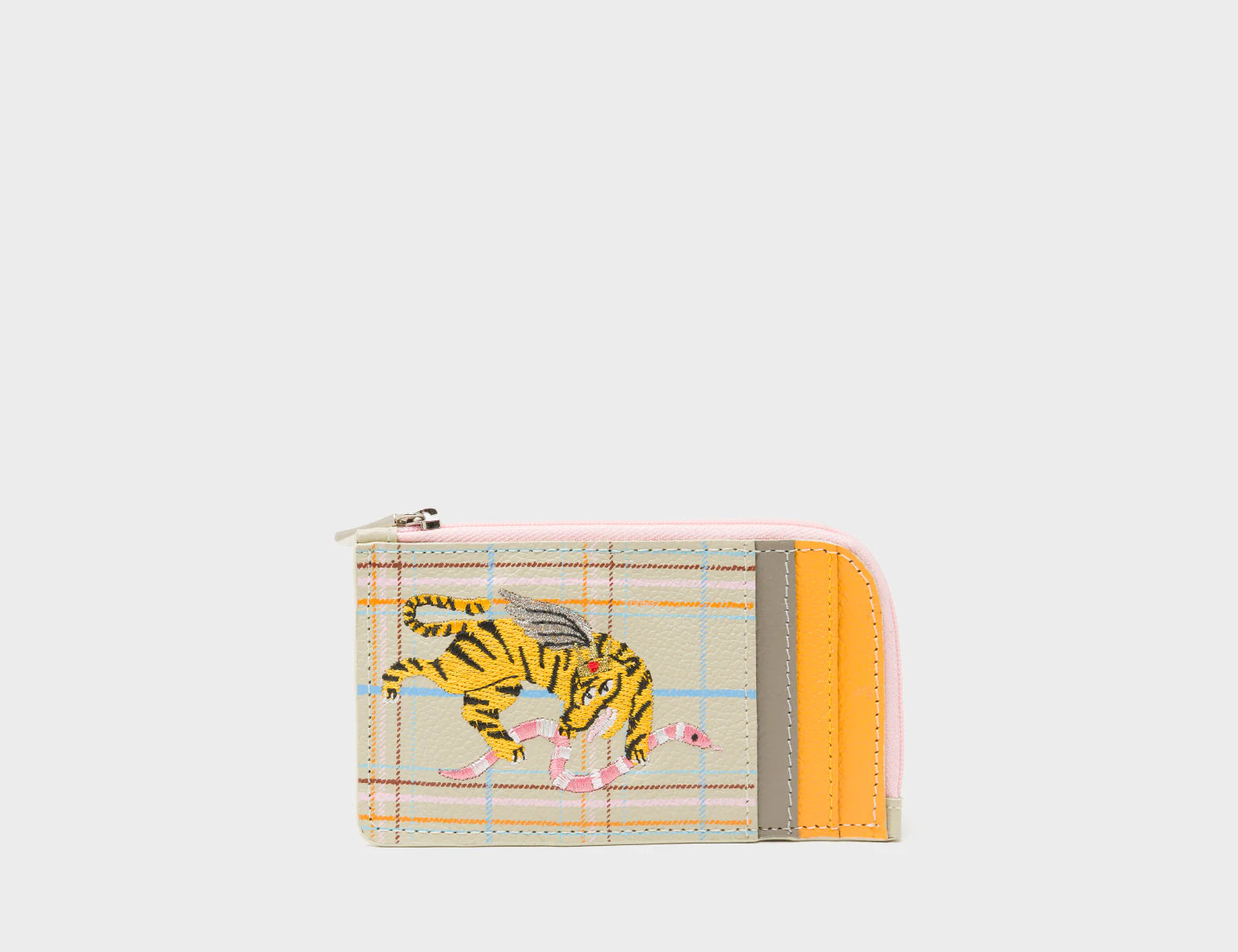 Fausto Gravel Beige Leather Zip-around Cardholder - Retro Tiger Design - Front