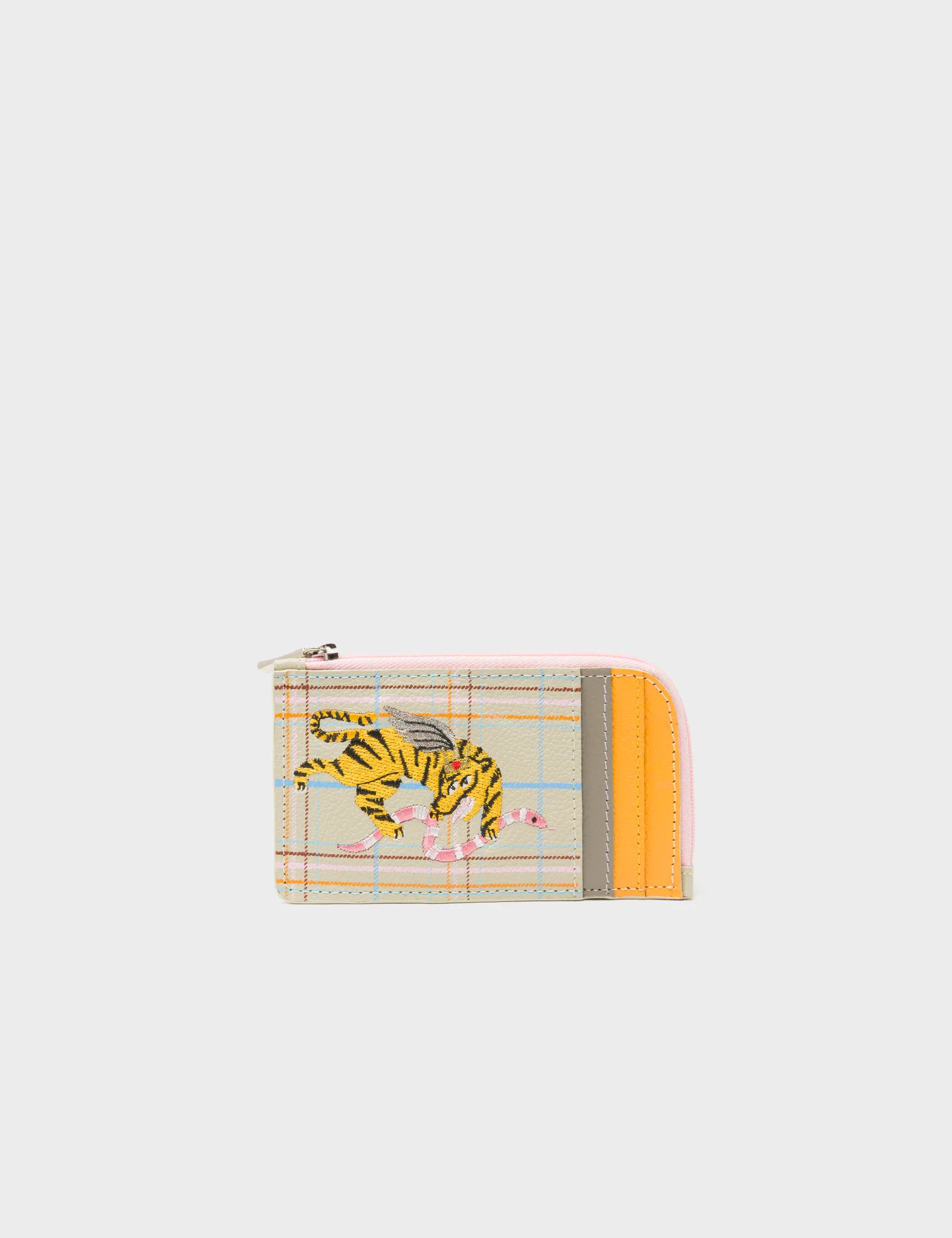 Fausto Gravel Beige Leather Zip-around Cardholder - Retro Tiger Design - Front