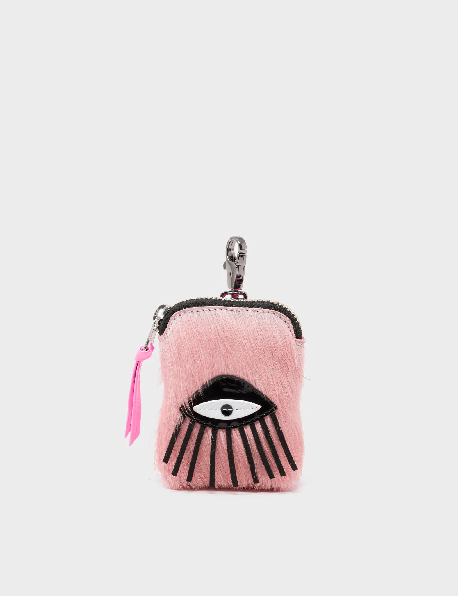 Pouch Charm - Pink Fur and Leather Keychain Eye Applique