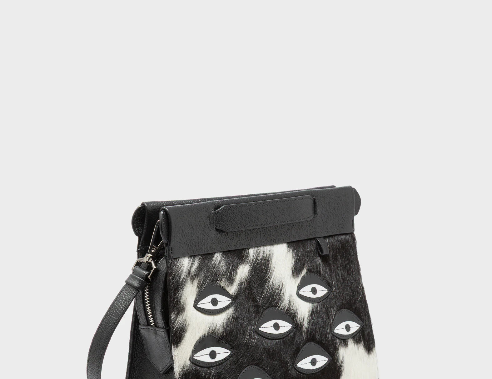 Vali Crossbody Small Black Leather Bag - Eyes Applique Adjustable Handle - Spotted Fur Main View