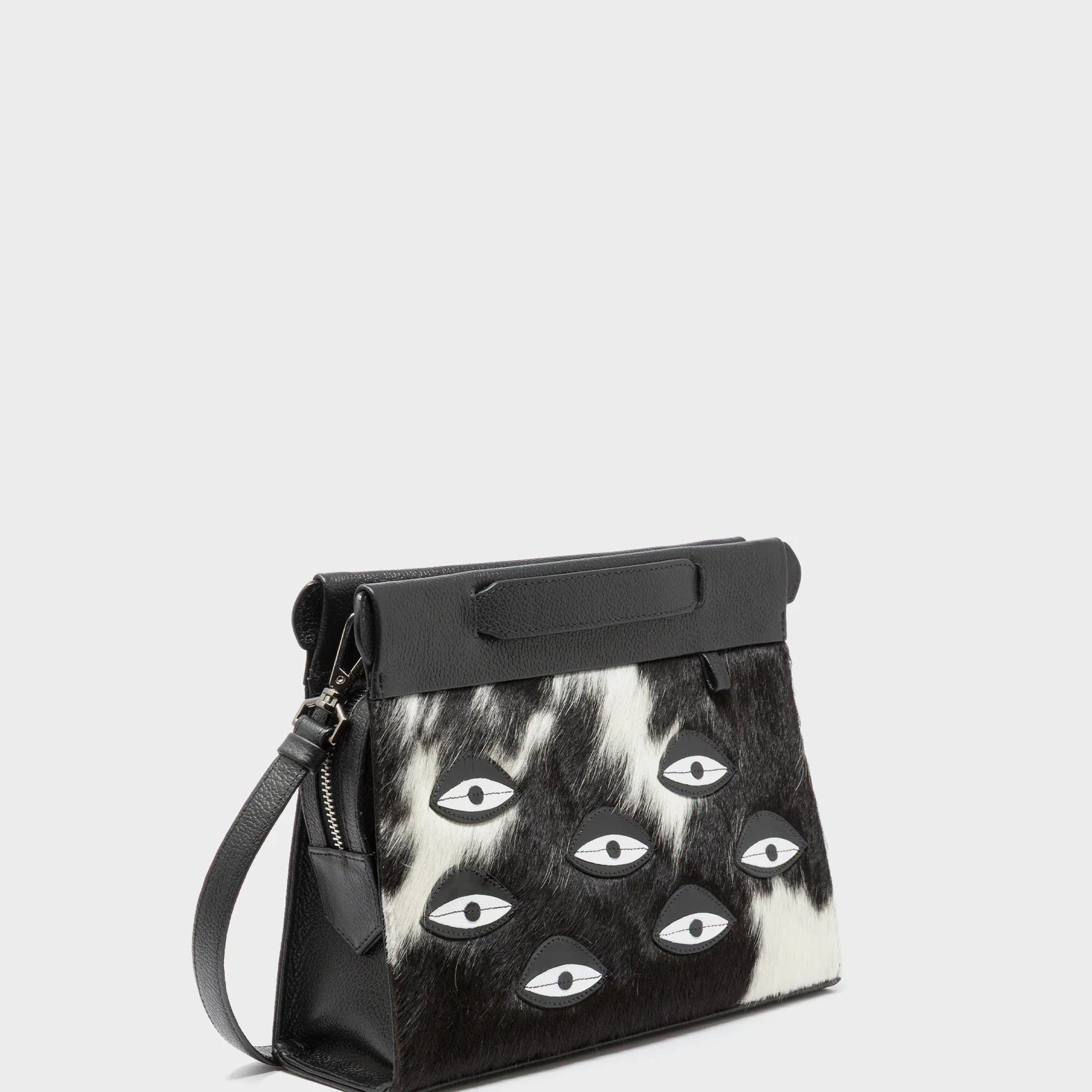 Vali Crossbody Small Black Leather Bag - Eyes Applique Adjustable Handle - Spotted Fur Main View