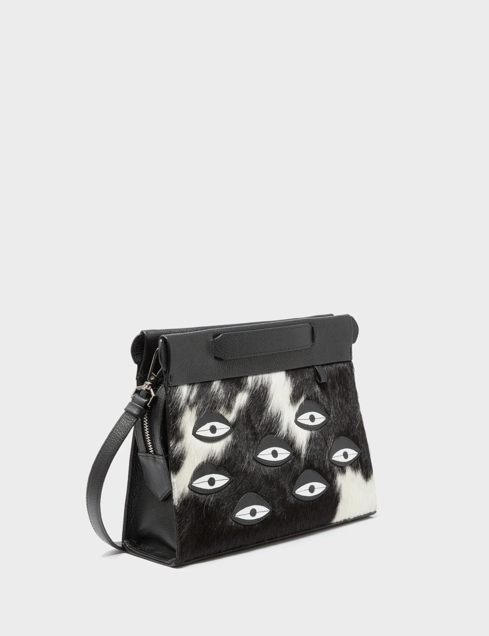 Vali Crossbody Small Black Leather Bag - Eyes Applique Adjustable Handle - Spotted Fur Main View
