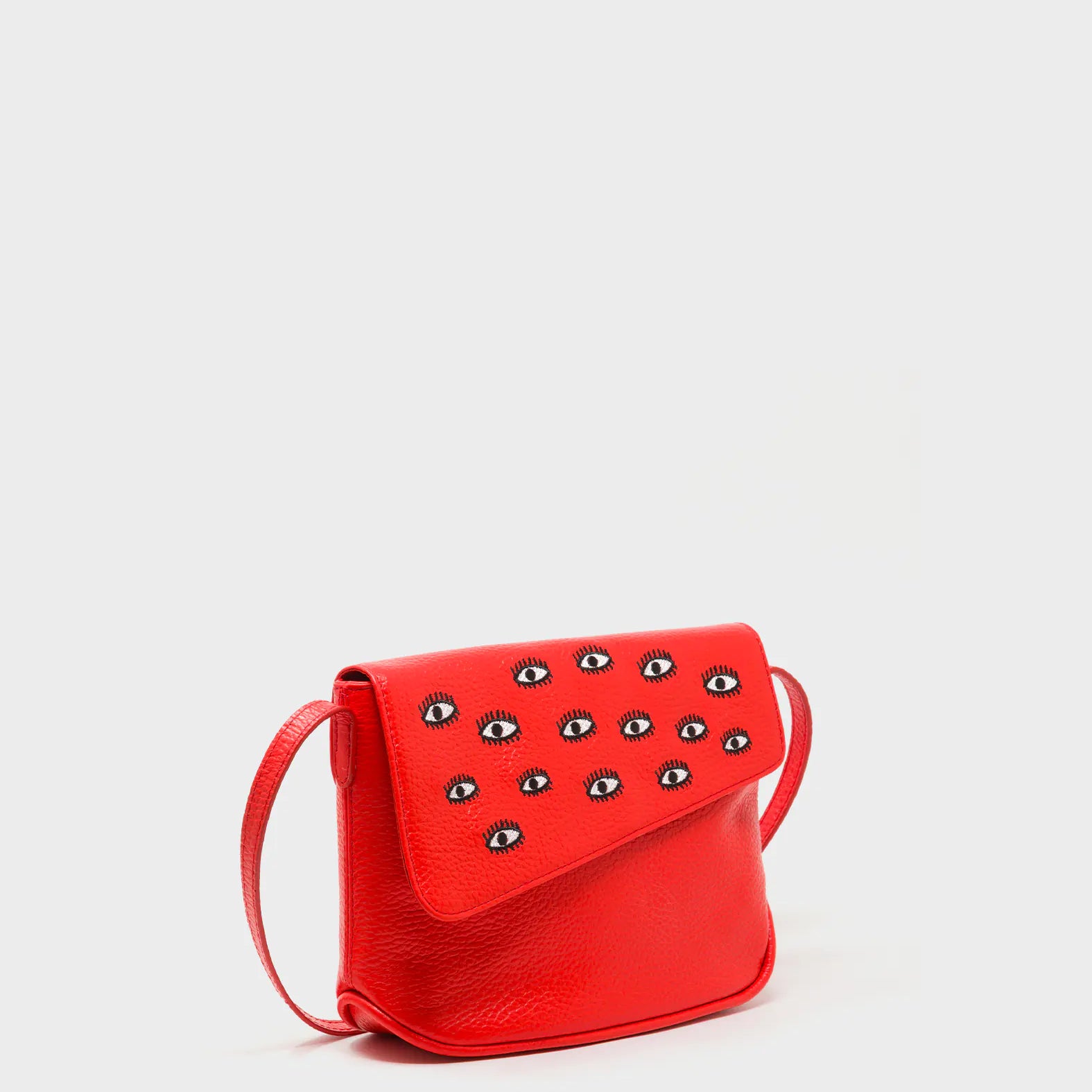 Bruno Mini Crossbody Fiesta Red Leather Bag - All Over Eyes Embroidery - Main VIew