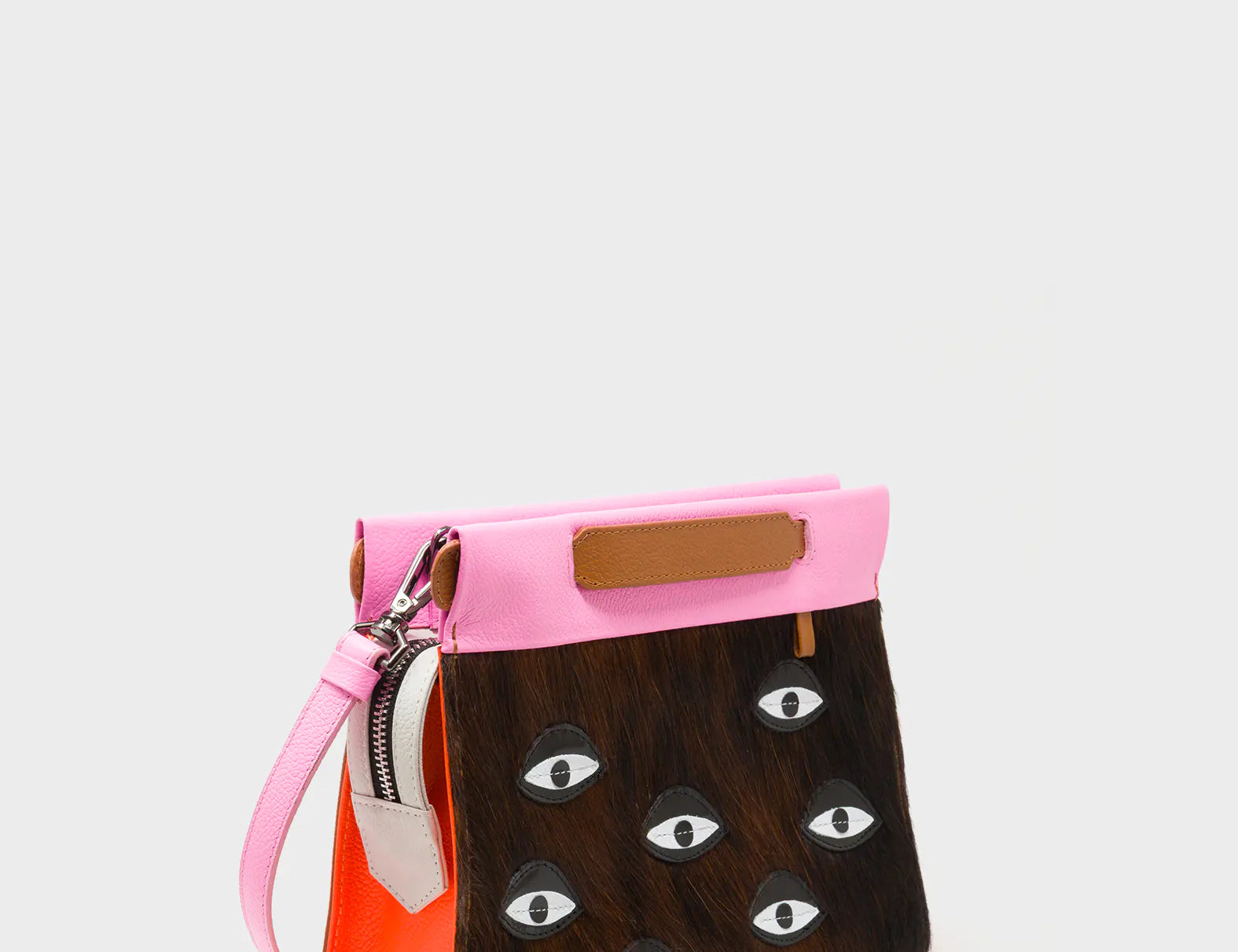 Vali Crossbody Small Bubblegum Pink And Neon Orange Leather Bag - Eyes Applique Adjustable Handle - Main View