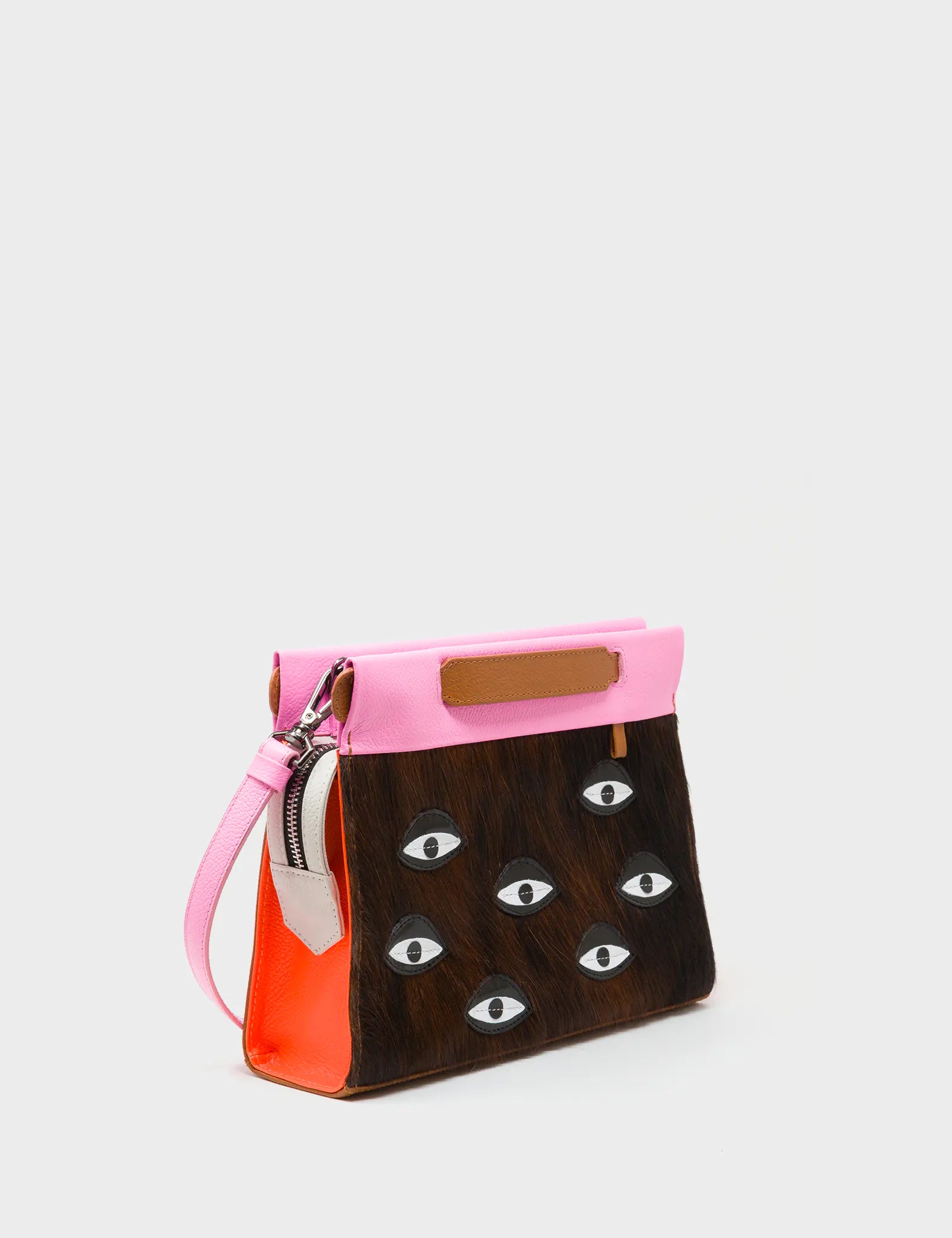 Vali Crossbody Small Bubblegum Pink And Neon Orange Leather Bag - Eyes Applique Adjustable Handle - Main View