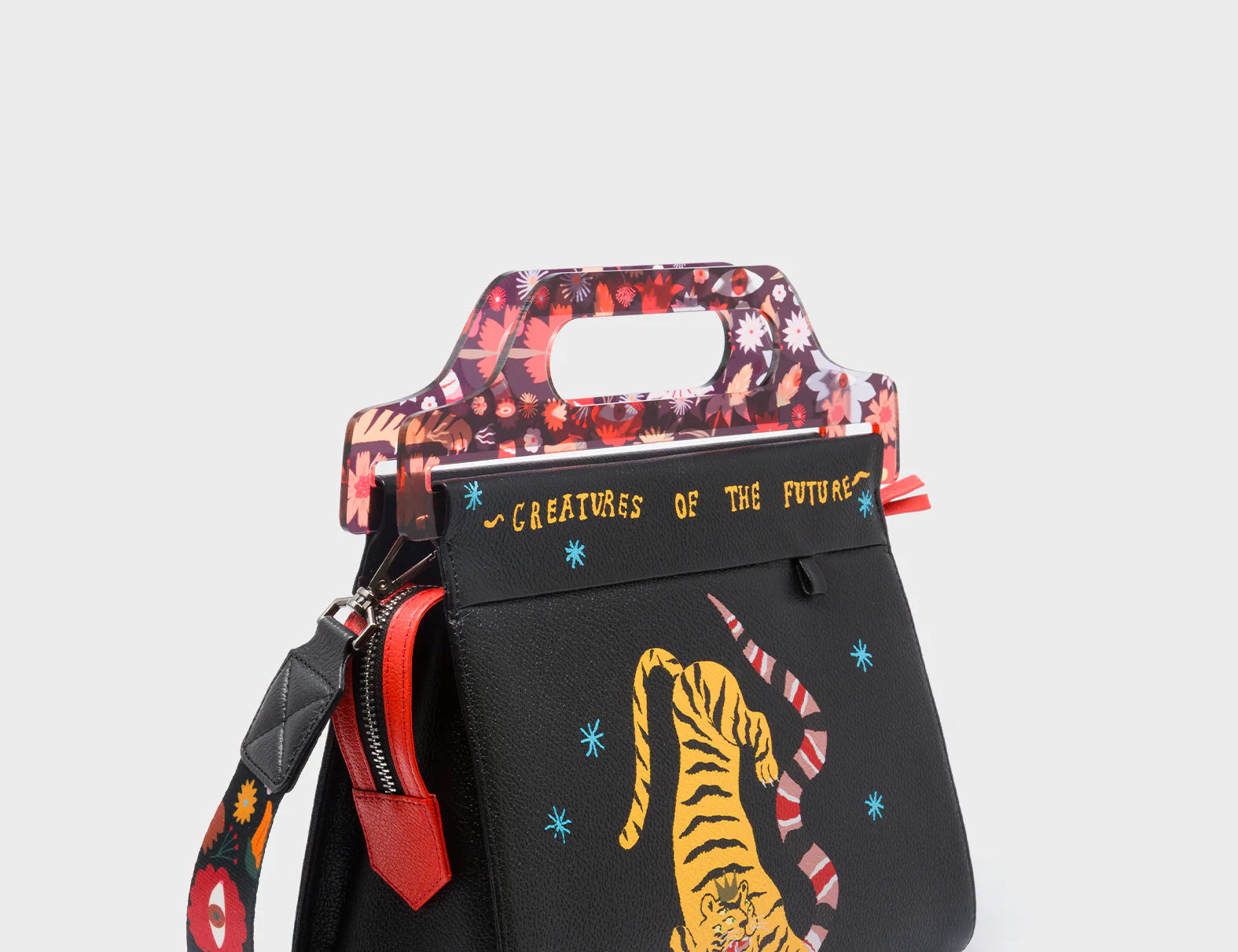 Vali Black Leather Crossbody Handbag Plastic Handle - Tiger And Snake Print - Main View
