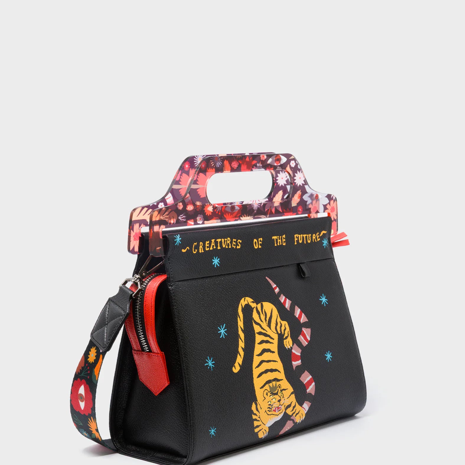 Vali Black Leather Crossbody Handbag Plastic Handle - Tiger And Snake Print - Main View