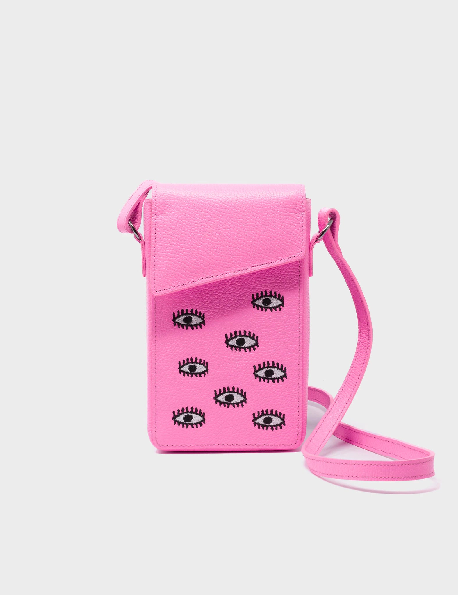 Max Bubblegum Pink Cellphone Crossbody Pouch - All Over Eyes Embroidery - Main View