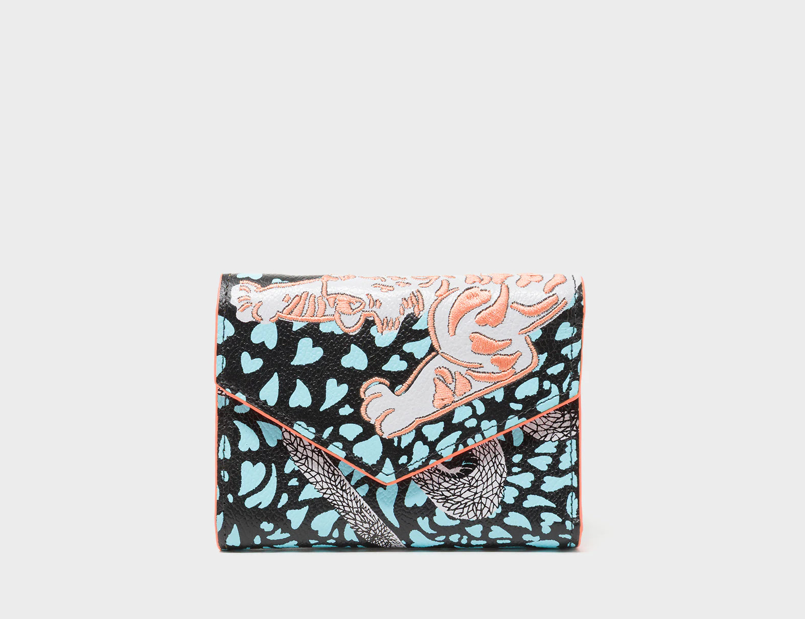 Fiona Black Leather Wallet - Retro Tiger Embroidery - Front