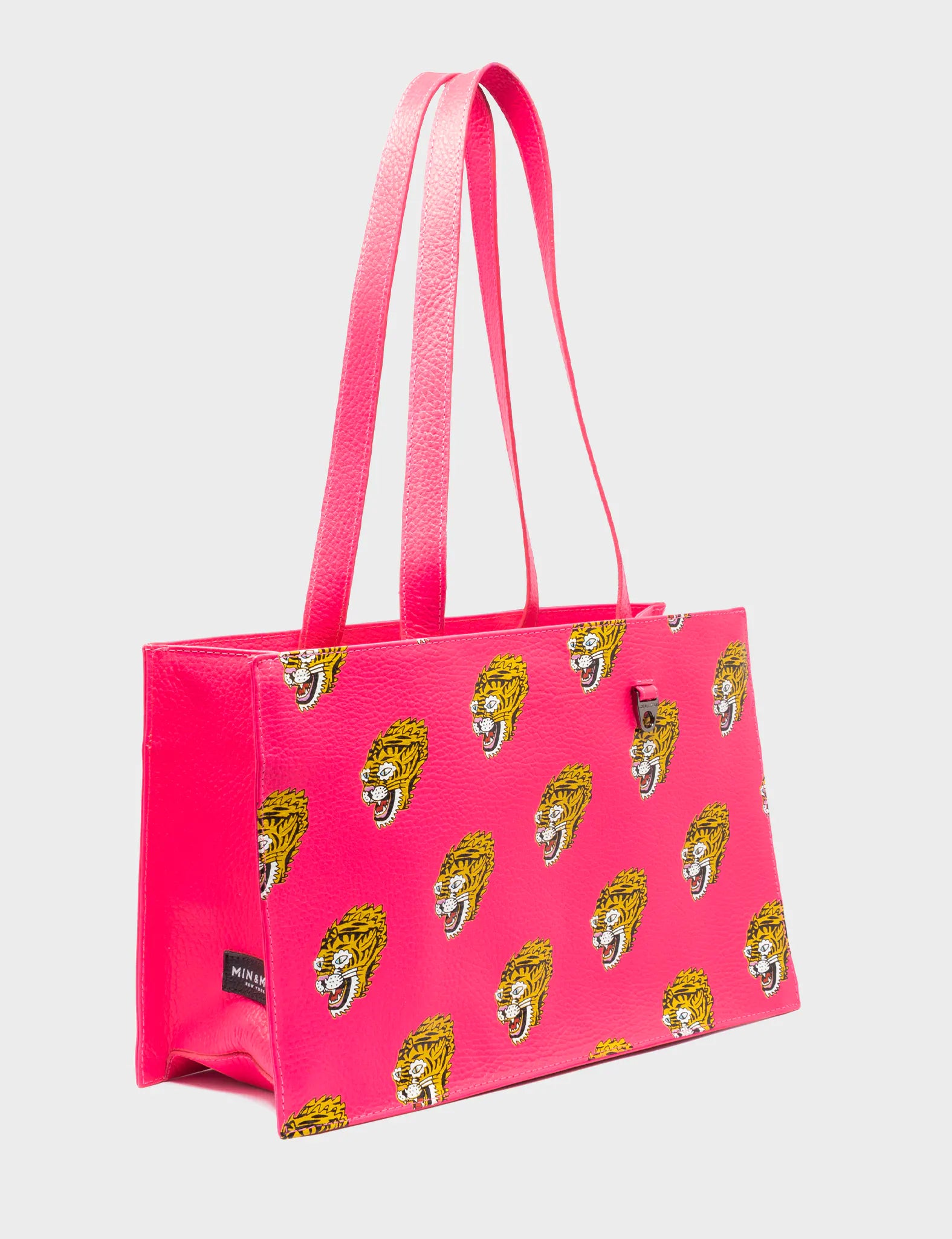 Marko Small Neon Pink Leather Tote Bag - Blazing Tiger Print - Main View