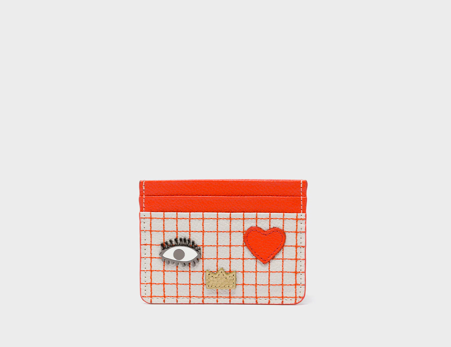 Filium Cream and Fiesta Red Leather Cardholder - Classic Eye and Heart Applique - Front